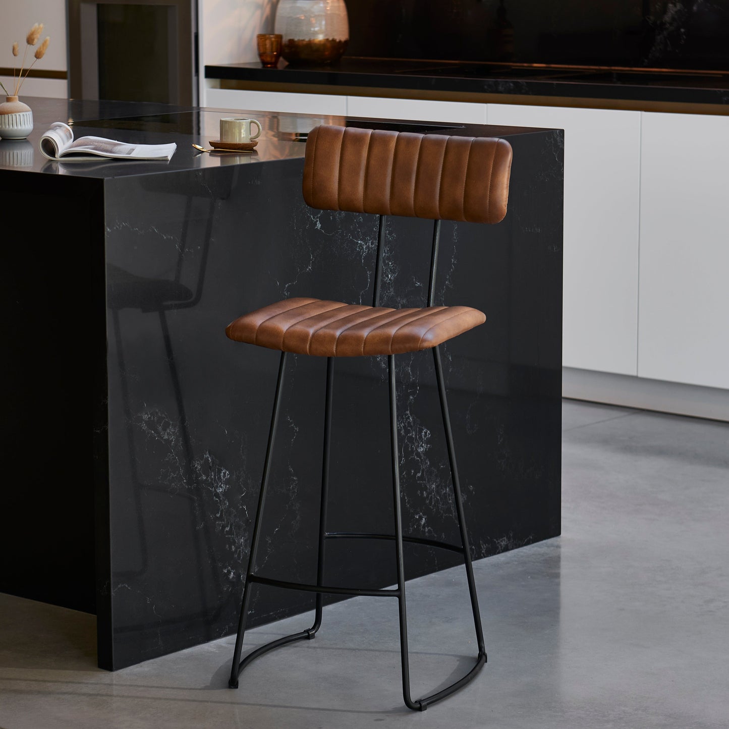 Jayden Industrial Bar Stools - Set of 2 - Mid Brown Leather - Laura James