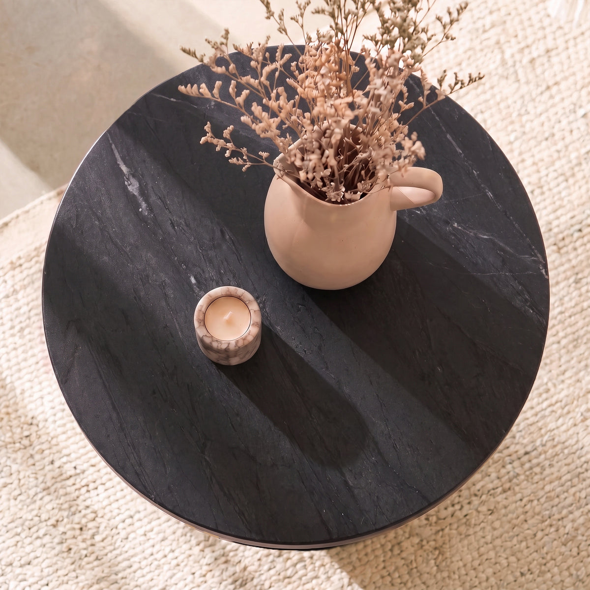 Adam 45cm Jet Black Mango Wood & Black Marble Round Side Table - Laura James