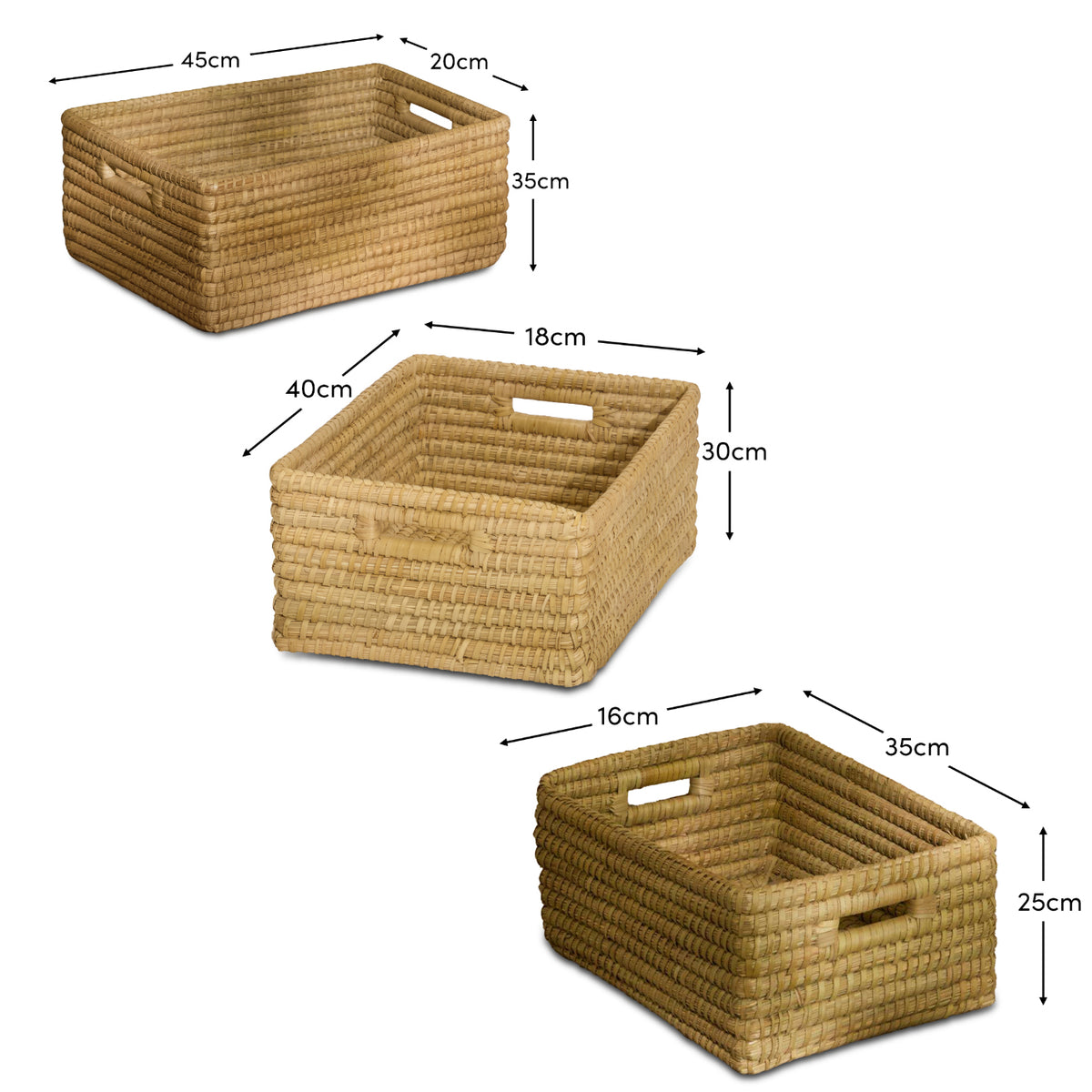 Kalna Rectangular Sea Grass Baskets - Set of 3 - Natural