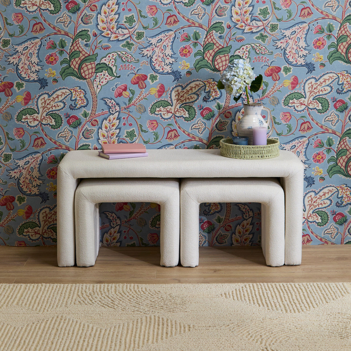 Kamiko Dining Nesting Bench & Stools - Chalk White Boucle - Laura James