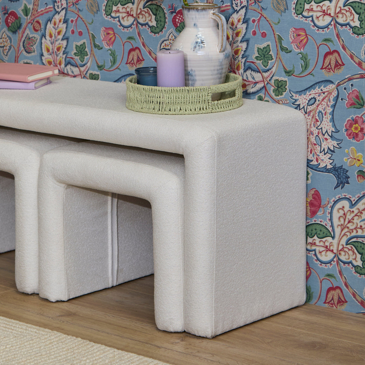 Kamiko Dining Nesting Bench & Stools - Chalk White Boucle - Laura James