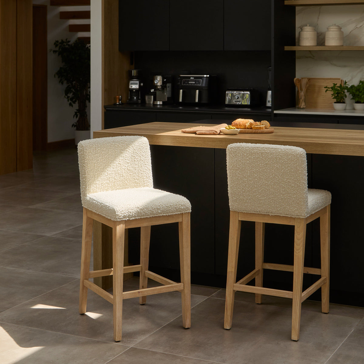 Nolan White Boucle Bar Stool - Whitewash Oak Legs - Laura James