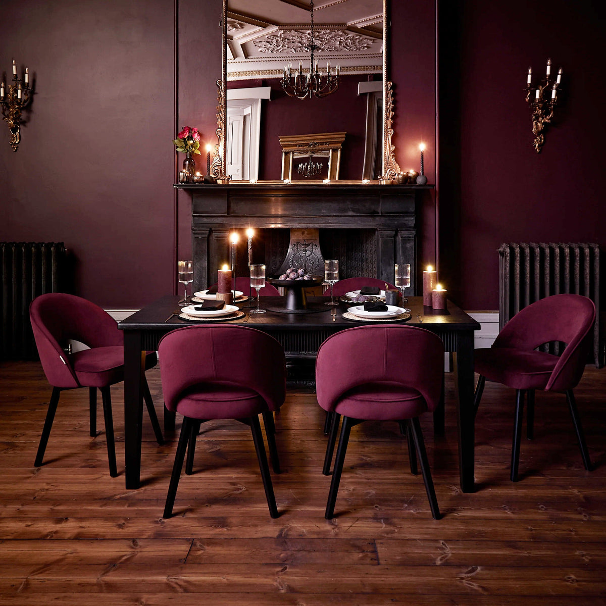Raleigh Black Dining Table Set - 6 Seater - Marilyn Burgundy Red Dining Chairs - Black Oak Legs - Laura James