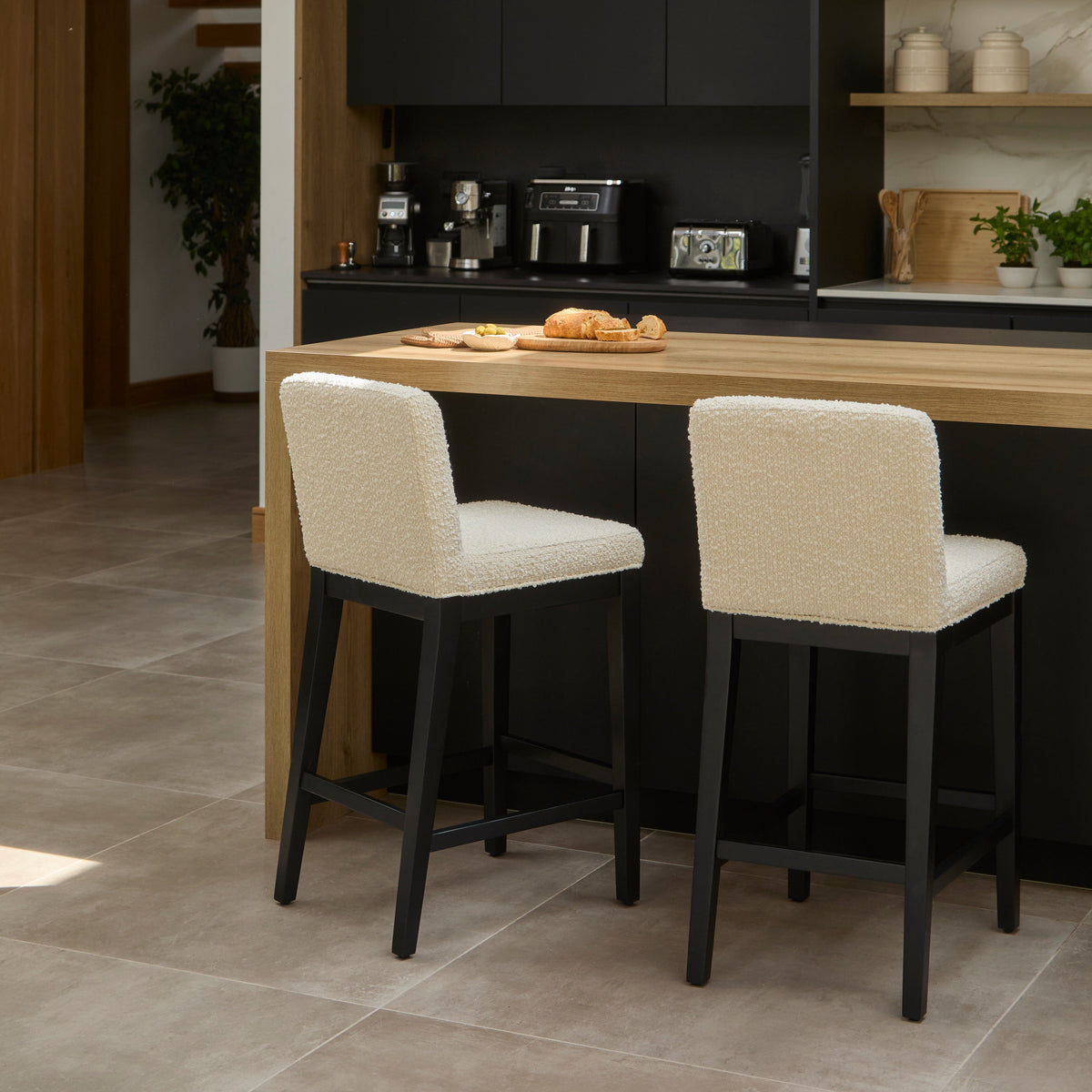 Nolan White Boucle Bar Stool - Black Oak Legs - Laura James