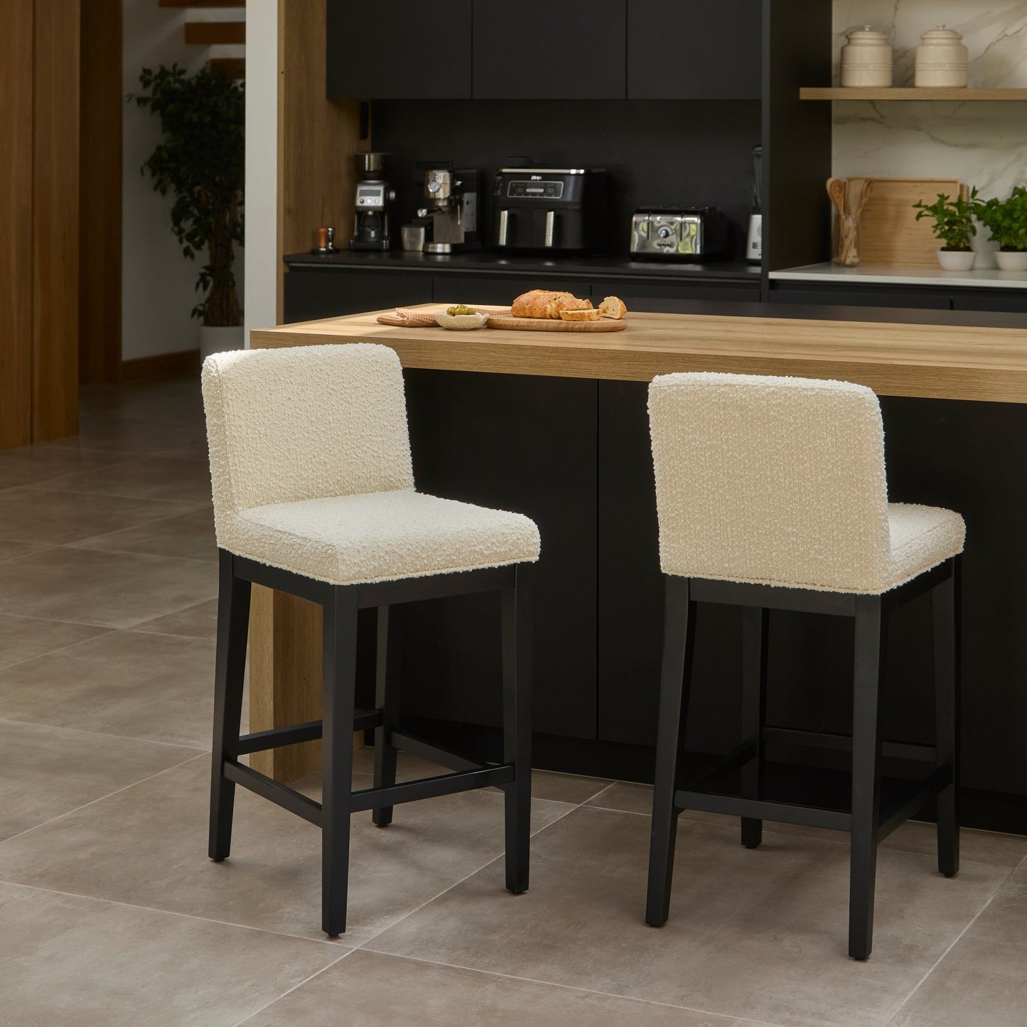 Nolan White Boucle Bar Stool - Black Oak Legs - Laura James