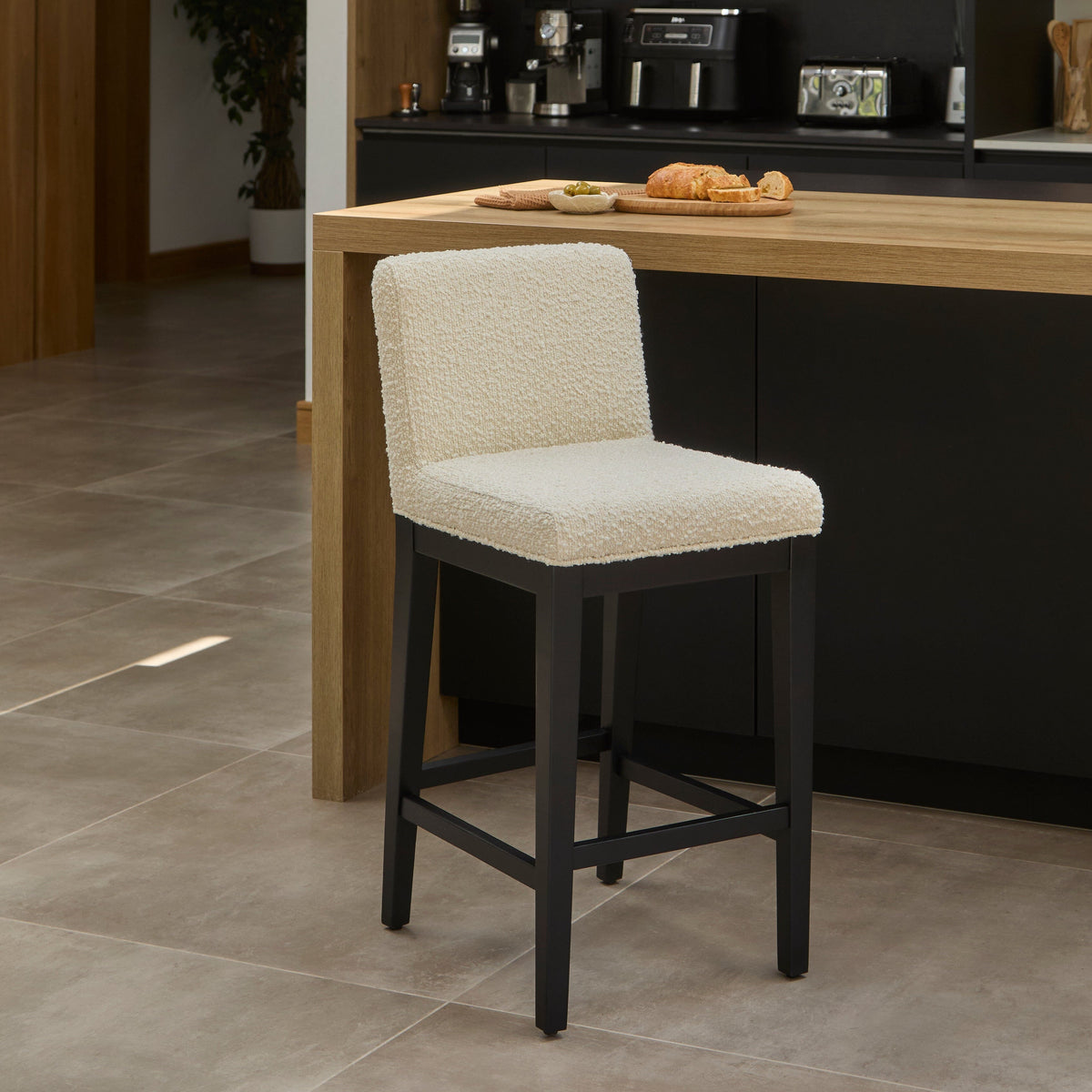 Nolan White Boucle Bar Stool - Black Oak Legs - Laura James