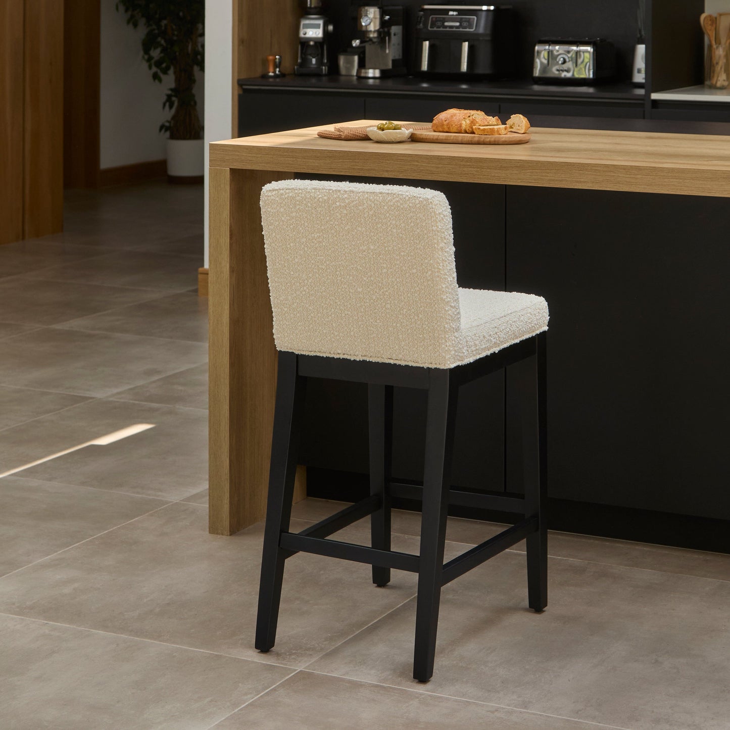 Nolan White Boucle Bar Stool - Black Oak Legs - Laura James