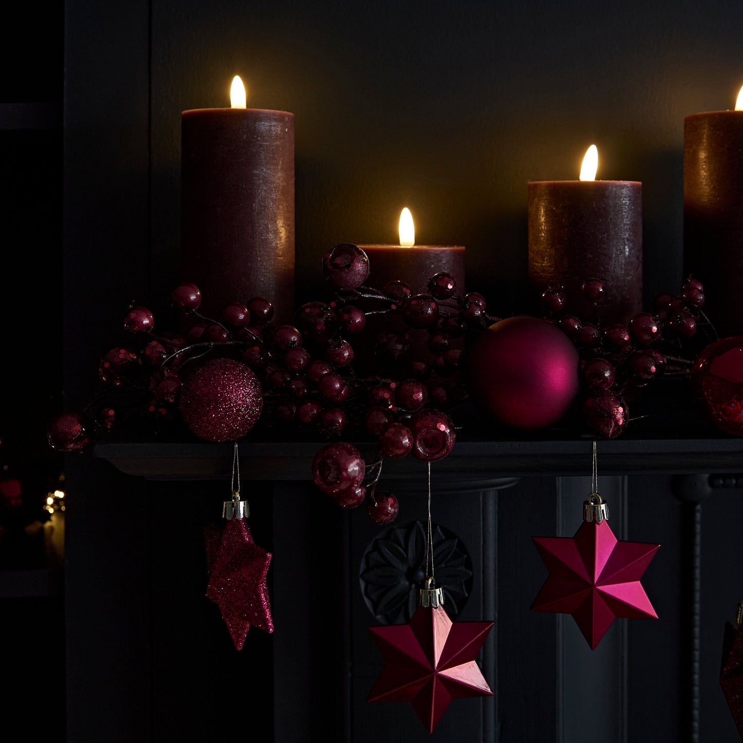 Samsta Battery Pillar Candles - Set of 3 - Burgundy Red - Laura James
