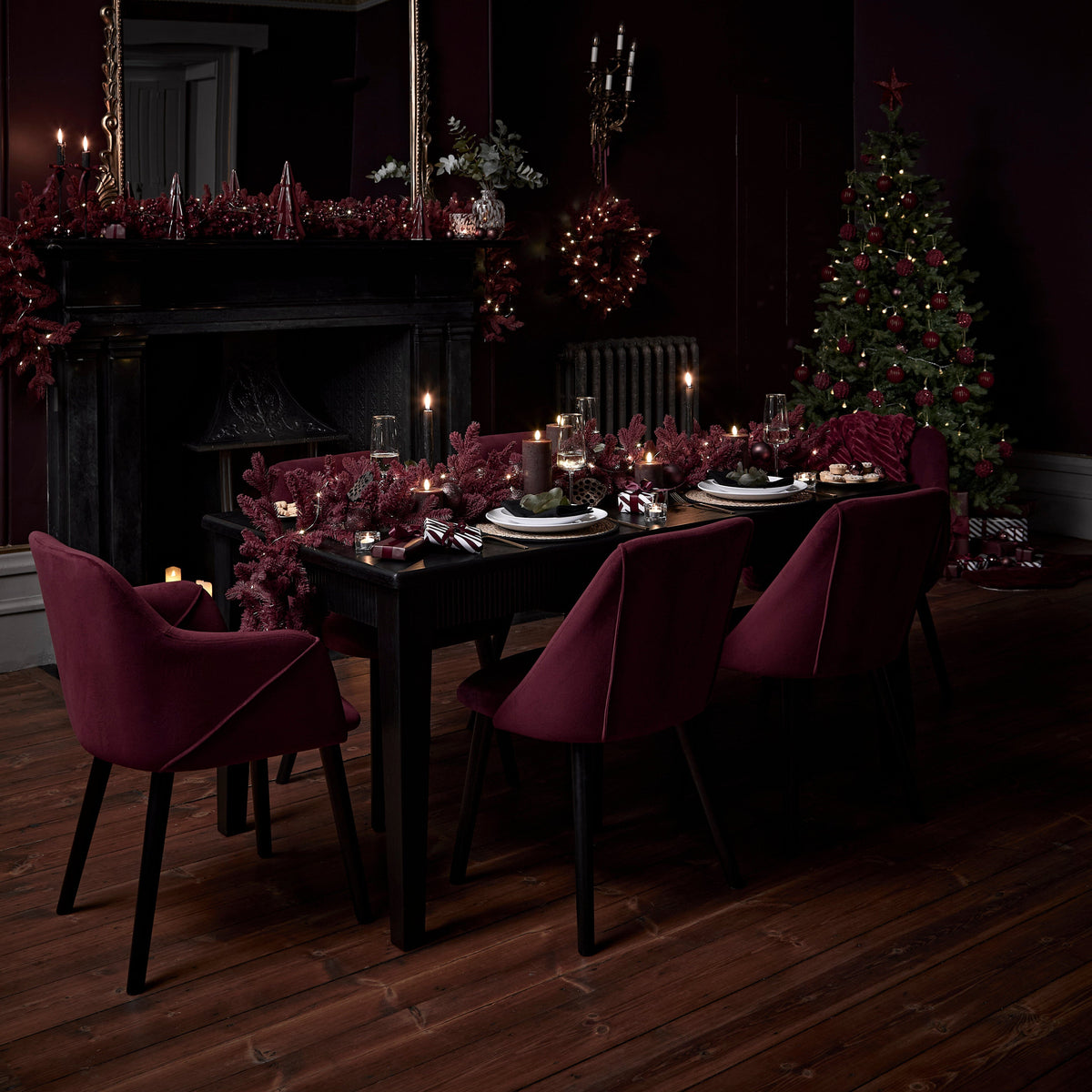 Raleigh 160cm Black Oak Dining Table Set - 4 Freya Burgundy Red Dining Chairs - Black Oak Legs with 2 Freya Burgundy Red Armchairs - Black Oak Legs - Laura James