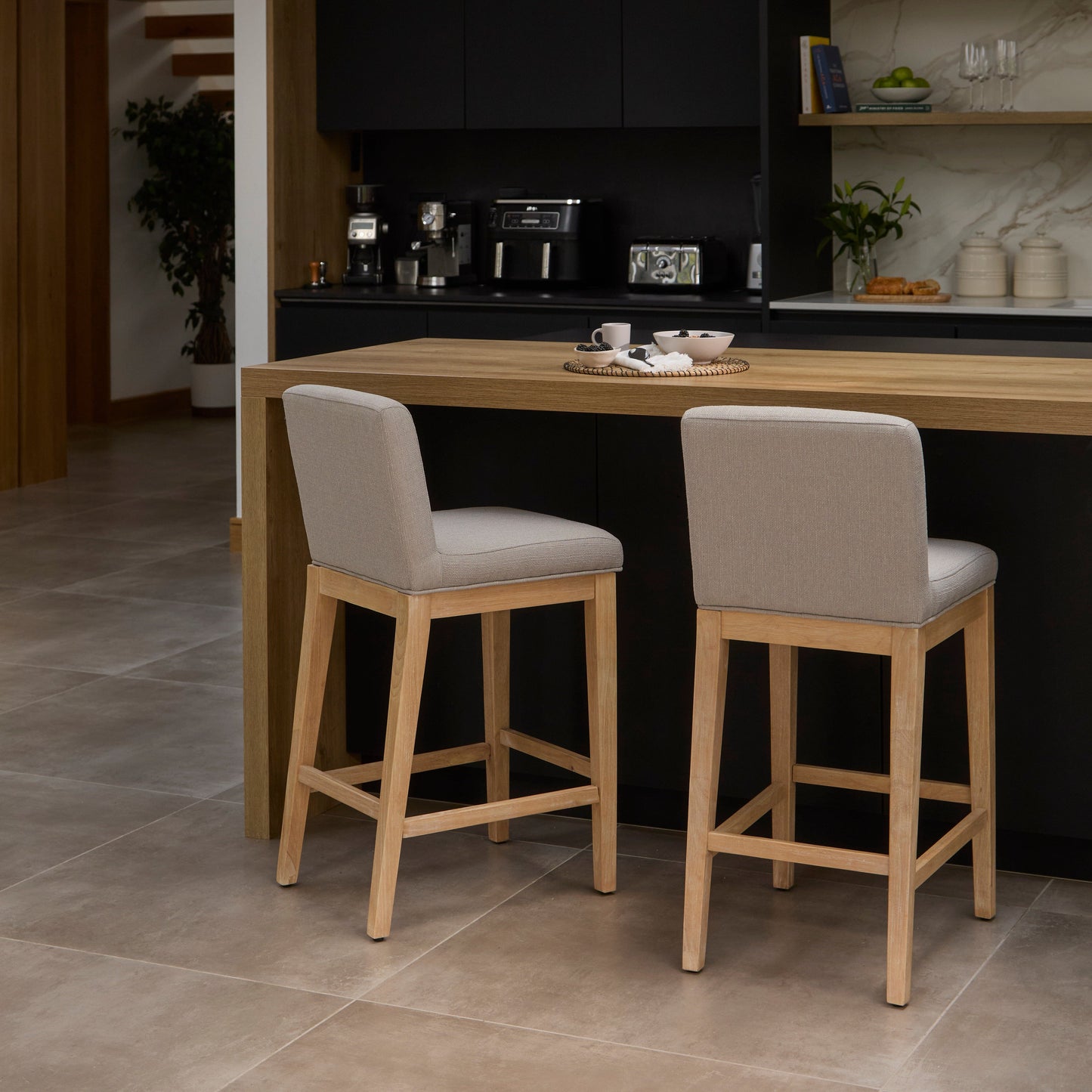 Nolan Fawn Linen Bar Stool - Whitewash Oak Legs - Laura James