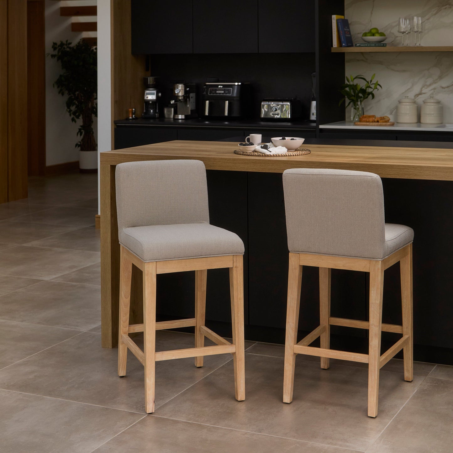 Nolan Fawn Linen Bar Stool - Whitewash Oak Legs - Laura James