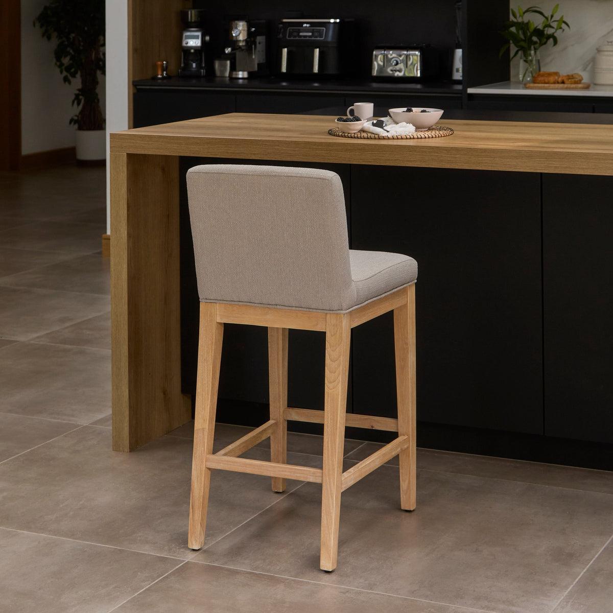 Nolan Fawn Linen Bar Stool - Whitewash Oak Legs - Laura James