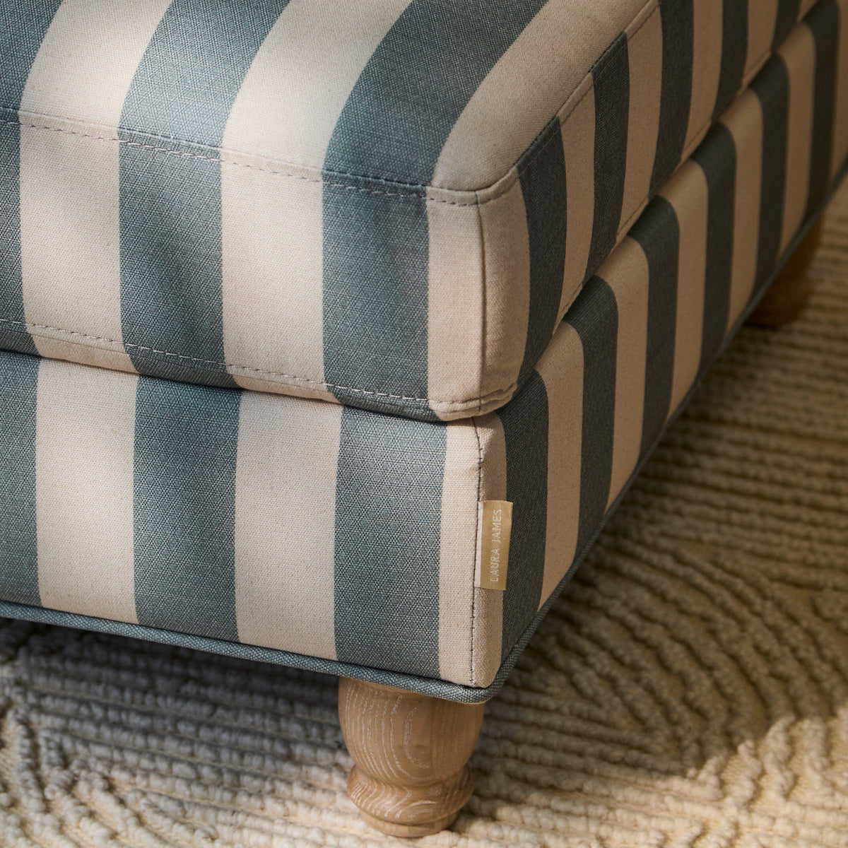 Brea Footstool - Blue Stripe with Whitewash Legs - Laura James