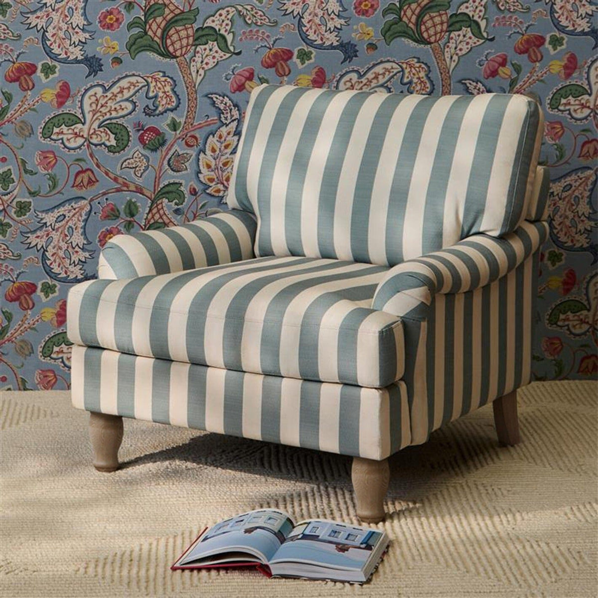 Brea Armchair - Blue Stripe with Whitewash Legs - Laura James
