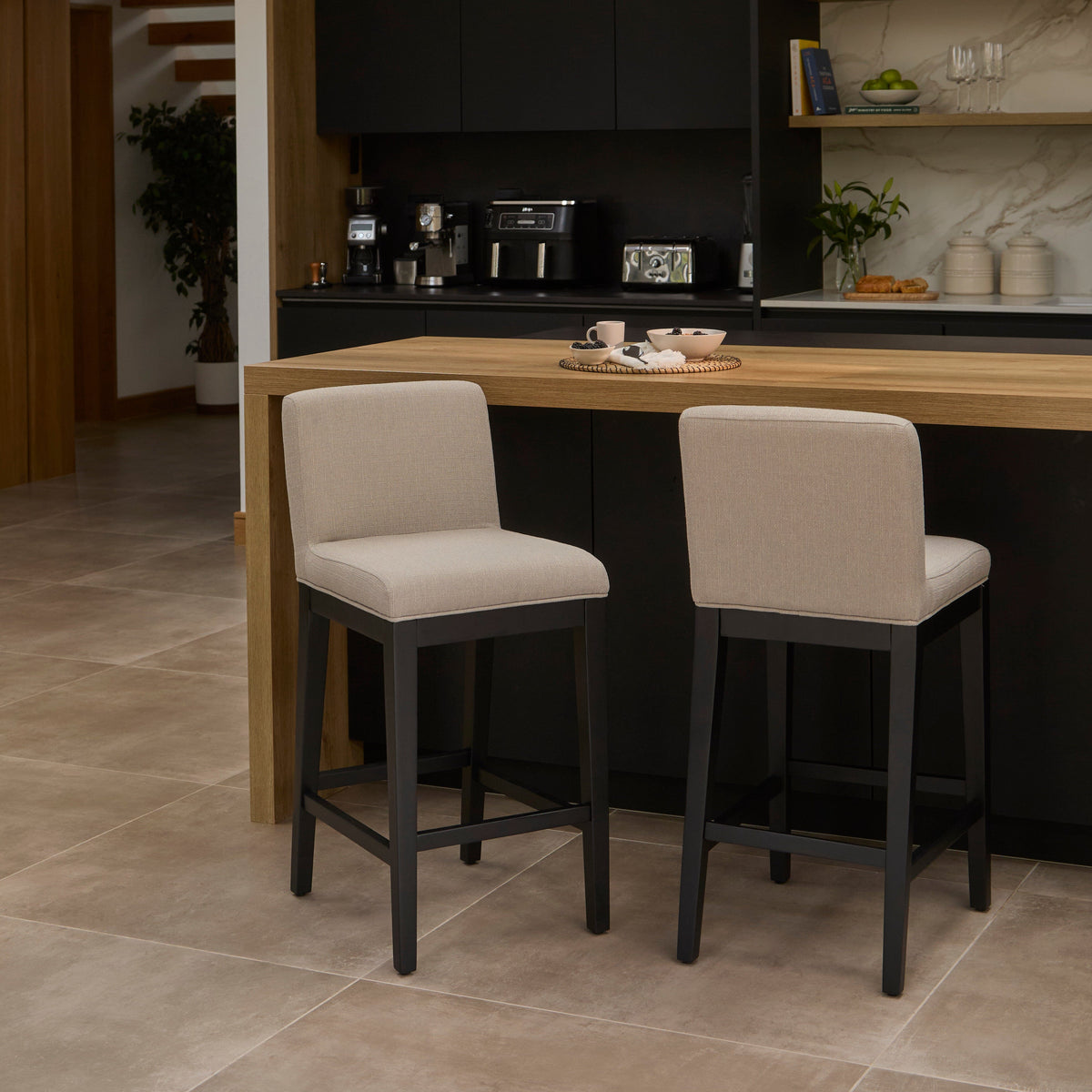 Nolan Fawn Linen Bar Stool - Black Oak Legs - Laura James