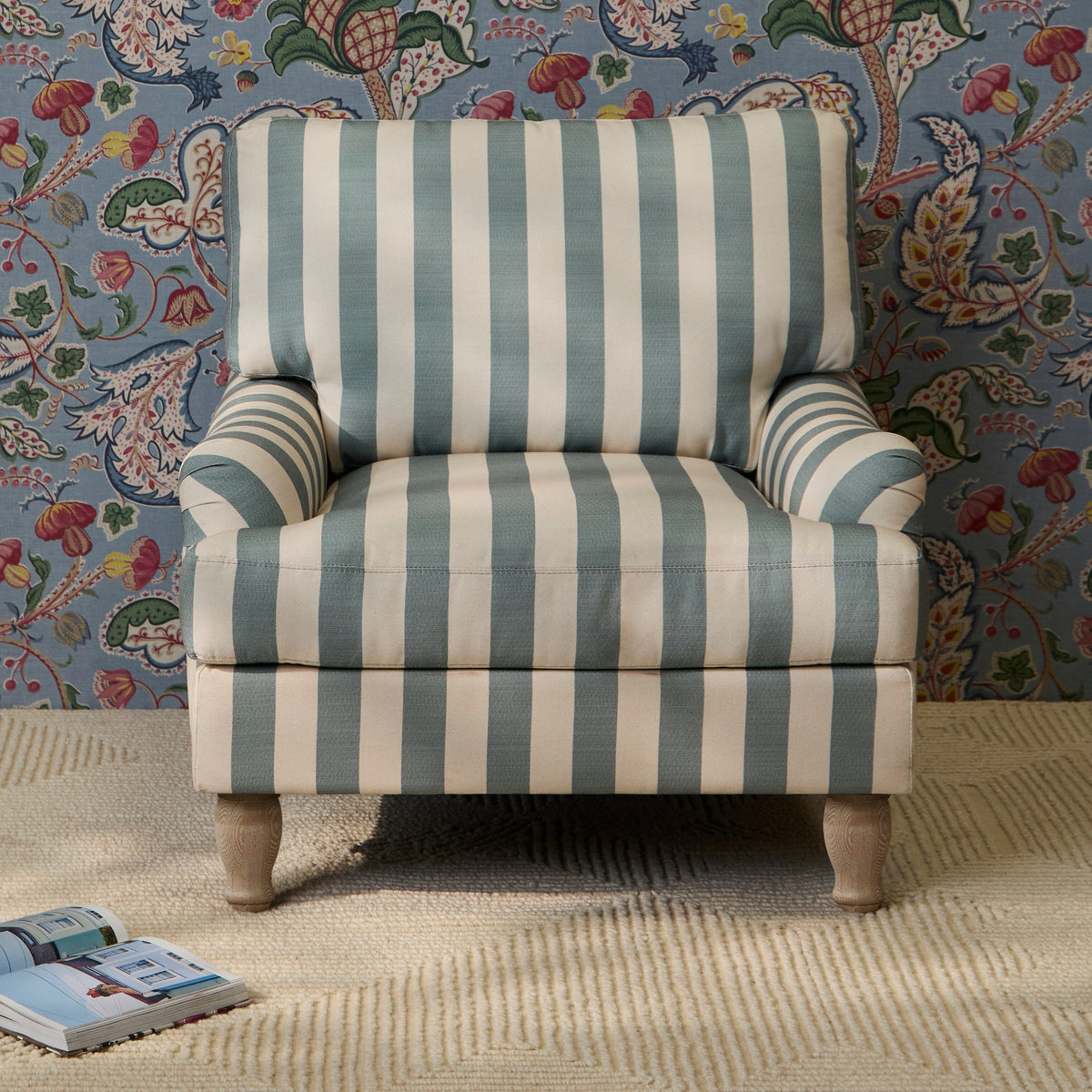 Brea Armchair - Blue Stripe with Whitewash Legs - Laura James