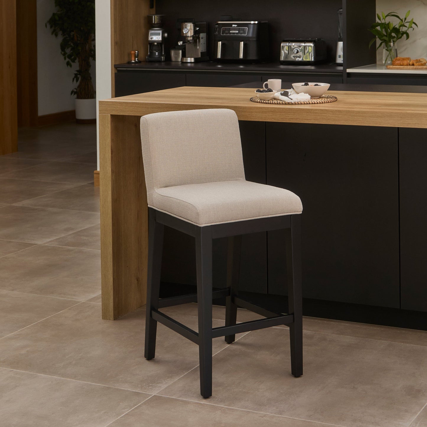 Nolan Fawn Linen Bar Stool - Black Oak Legs - Laura James