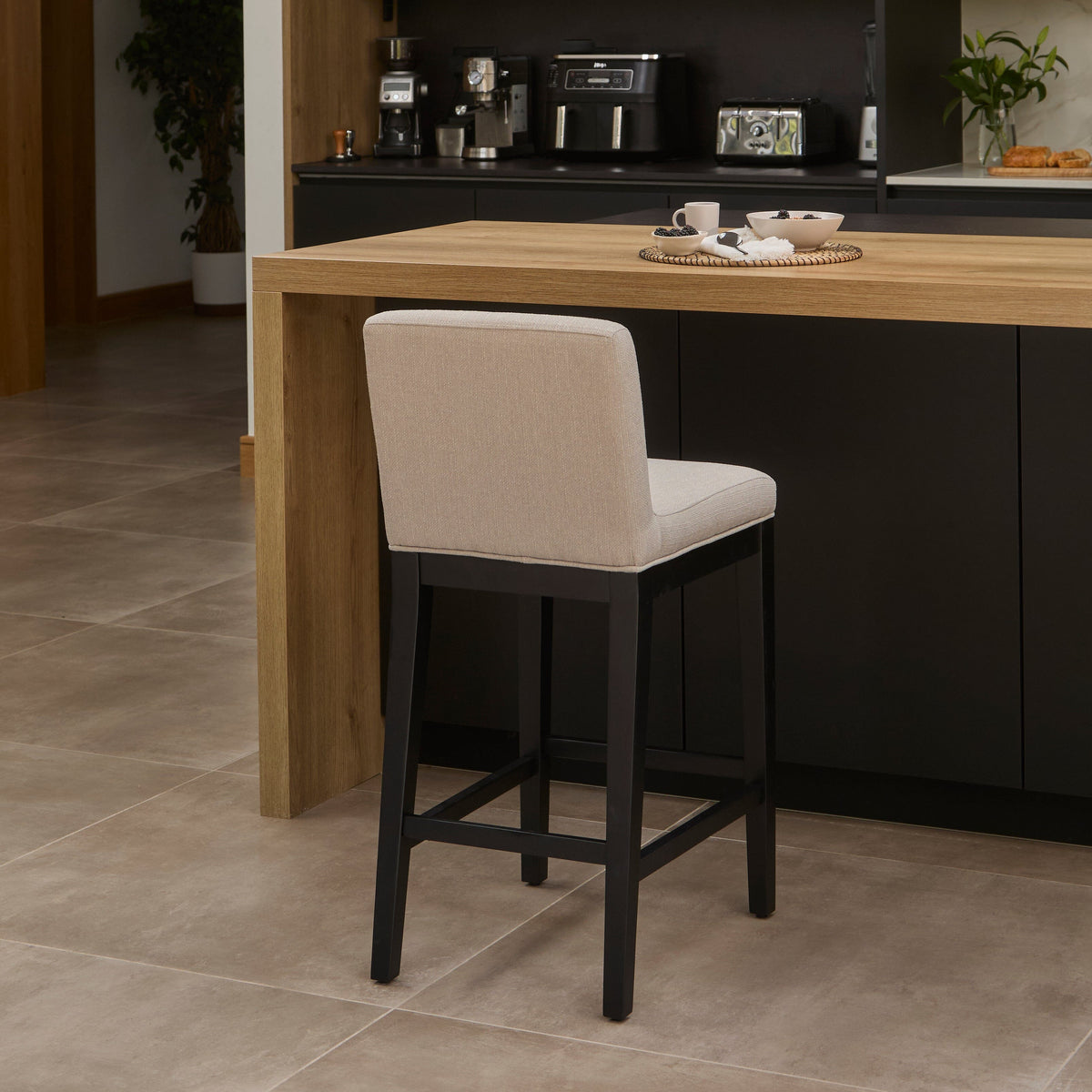 Nolan Fawn Linen Bar Stool - Black Oak Legs - Laura James