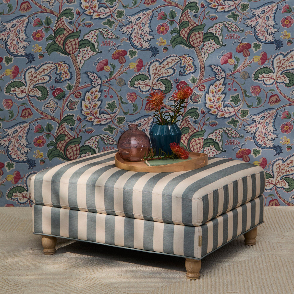 Brea Footstool - Blue Stripe with Whitewash Legs - Laura James