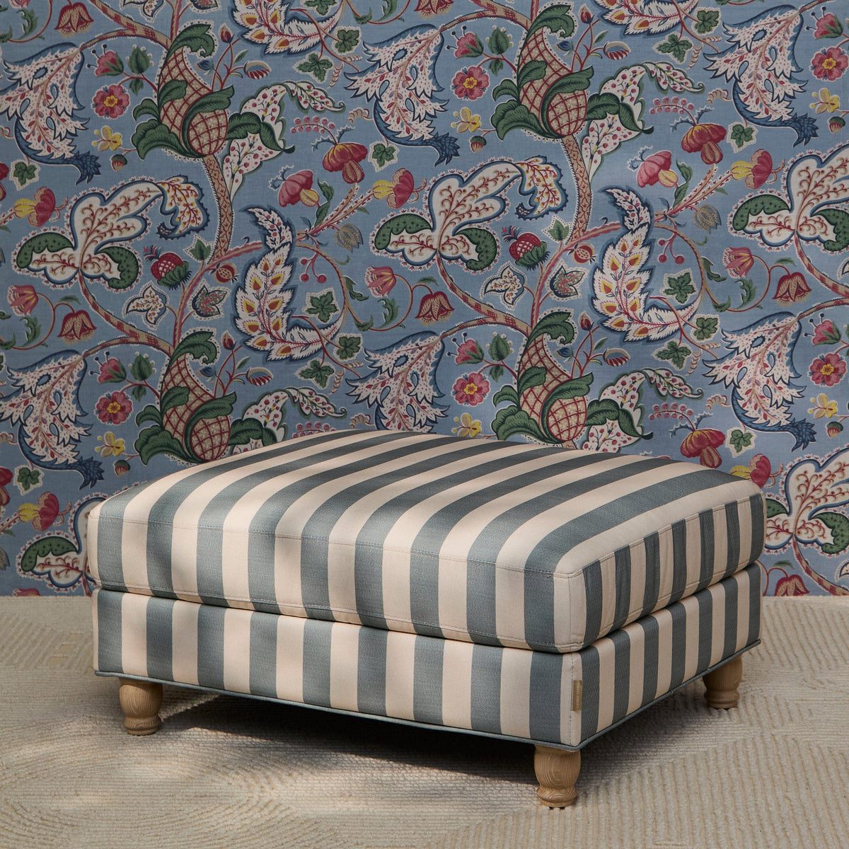 Brea Footstool - Blue Stripe with Whitewash Legs - Laura James