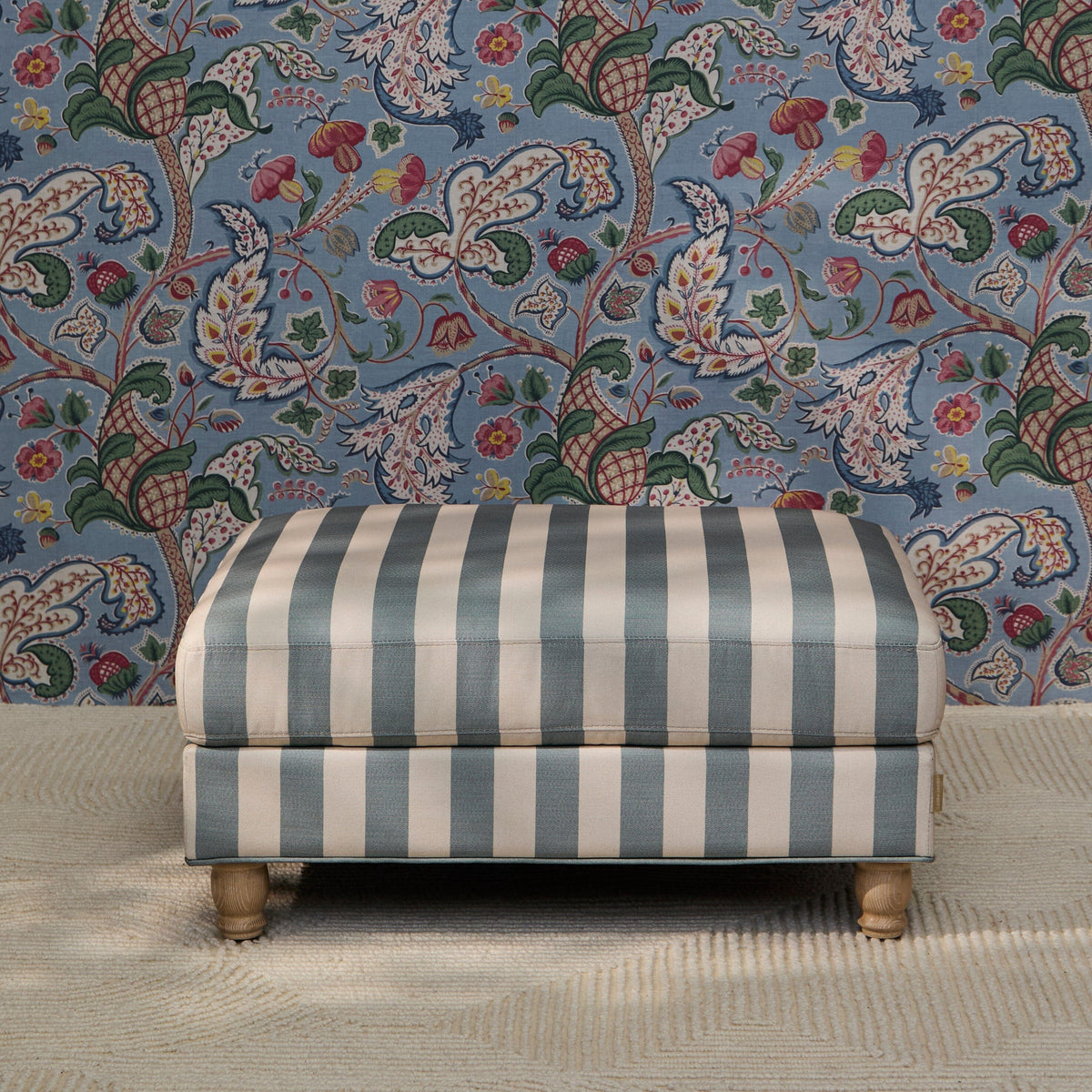Brea Footstool - Blue Stripe with Whitewash Legs - Laura James