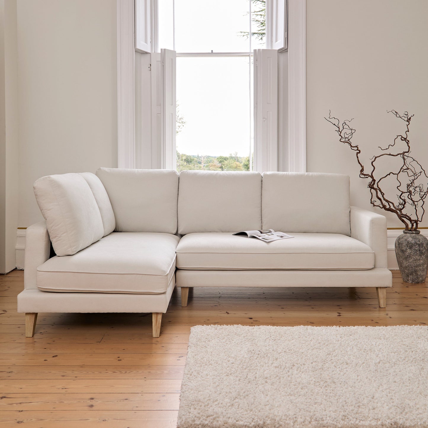 Gillian 3 Seater Large Corner Sofa - Ivory with Whitewash Legs - Laura James