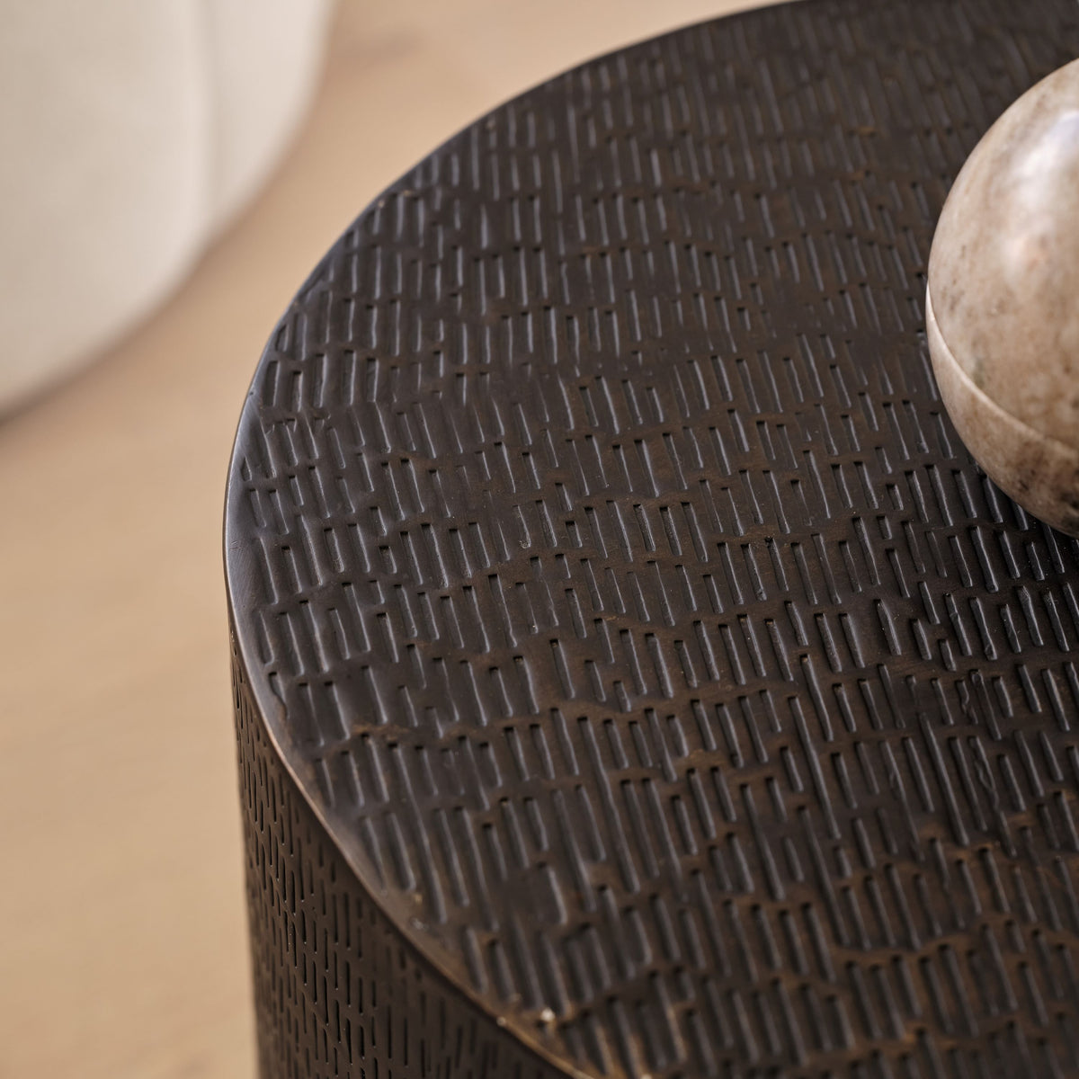 Astra 41cm Round Metal Side Table - Black Bronze Geometric Lines - Laura James