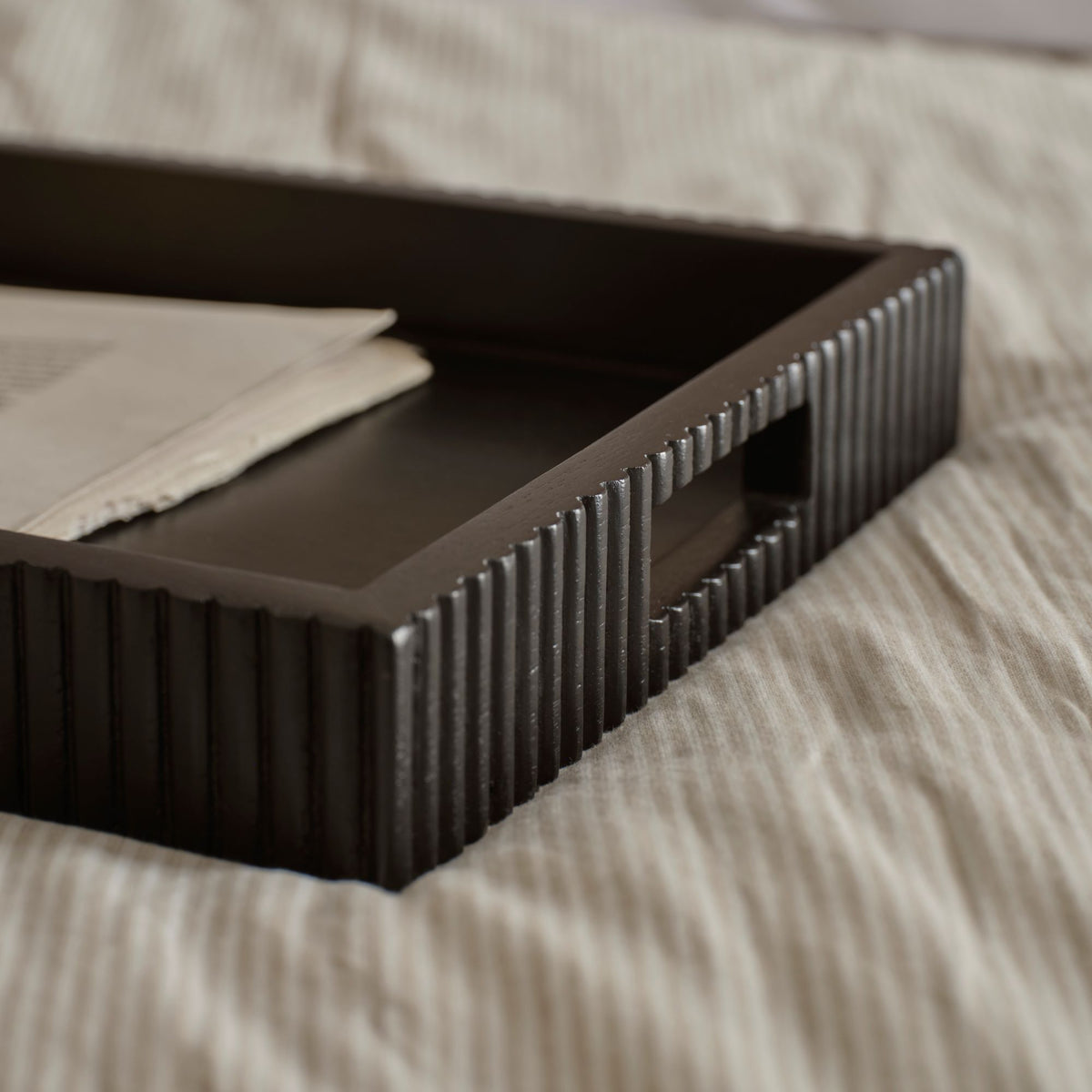 Jade 50cm Rectangular Ribbed Tray - Jet Black Mango Wood - Laura James