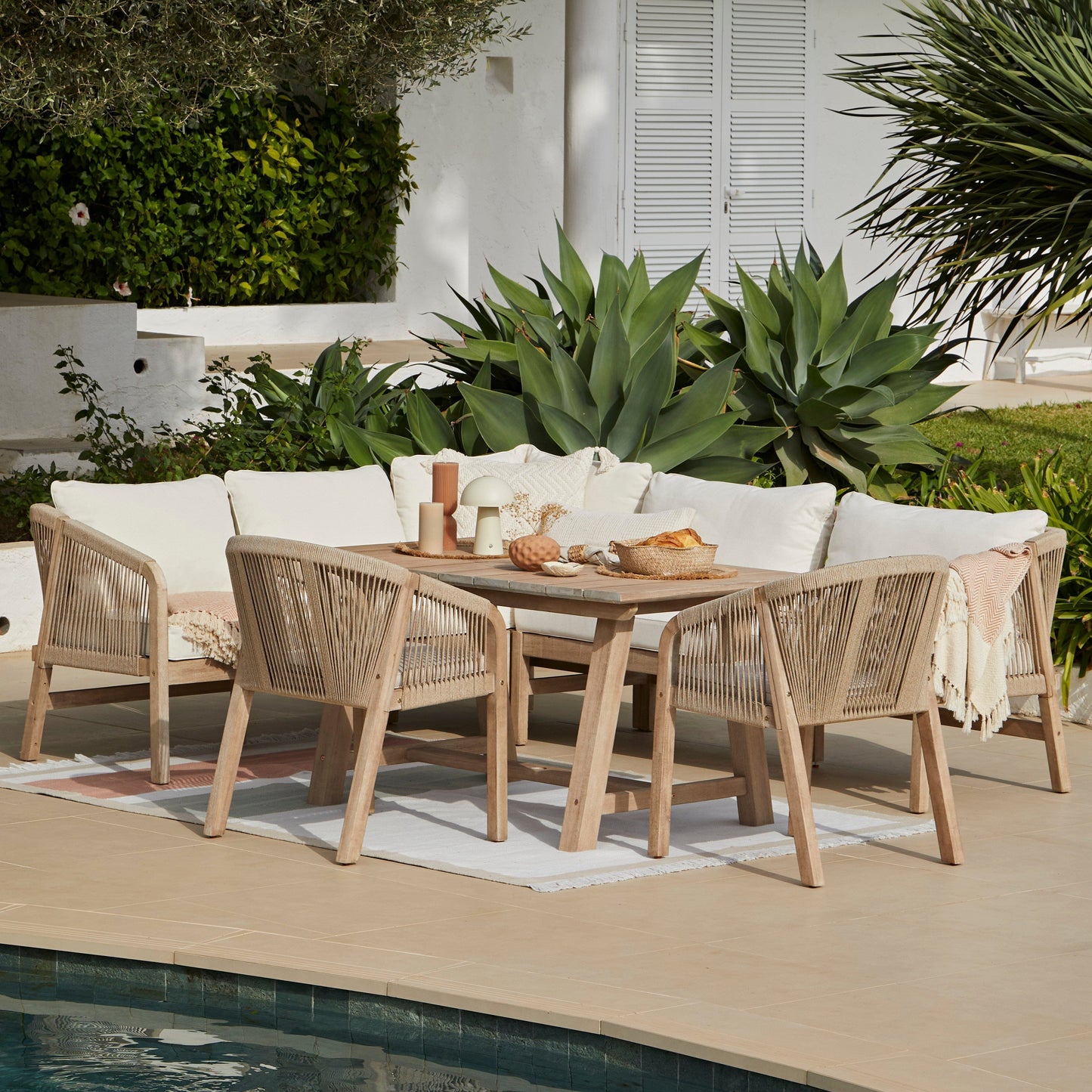 Shiro Wooden Garden Corner Dining Sofa Set with Nala Rope Chairs - Laura James