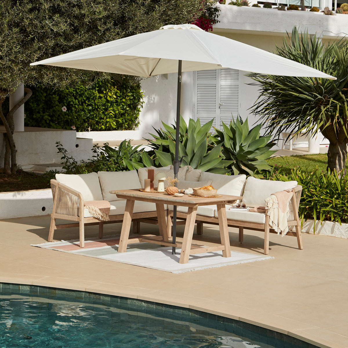 Shiro Wooden Garden Corner Dining Sofa Set with Cream Parasol - Laura James