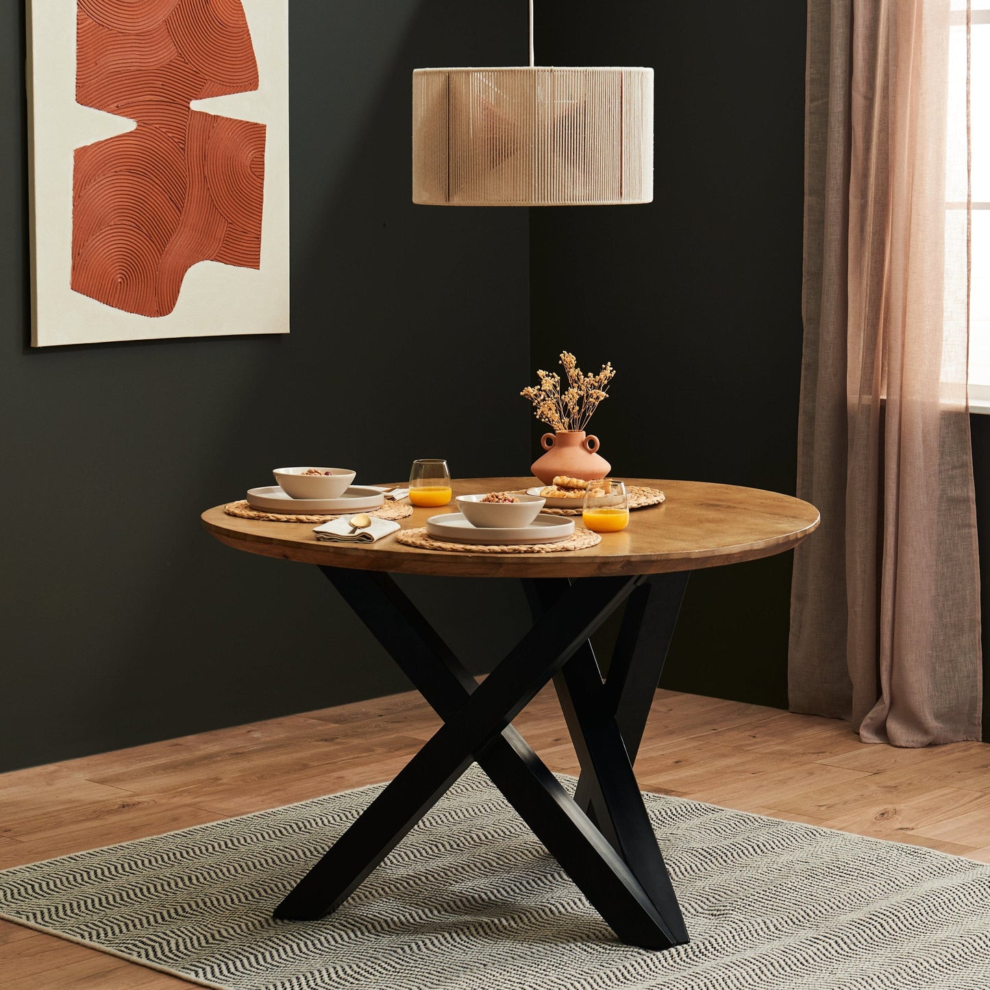 Levi Mango wood Dining Set - 4 Seater - Cleo Boucle Dining Chairs with Black Legs - Laura James
