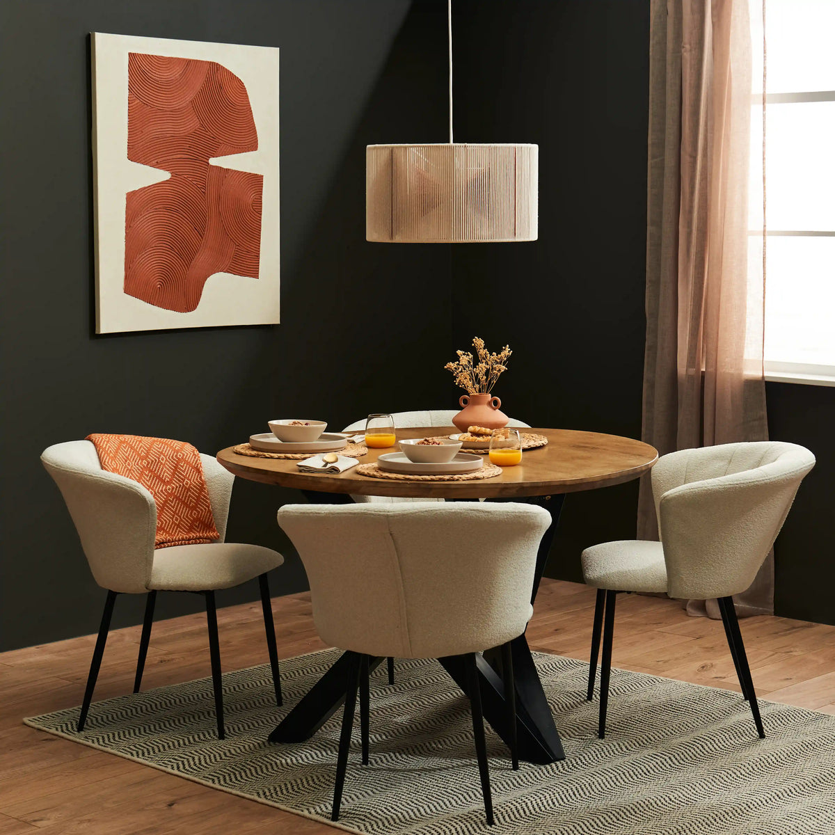 Levi Round Acacia Dining Table Set - 4 Seater - Cleo Boucle Dining Chairs - Laura James