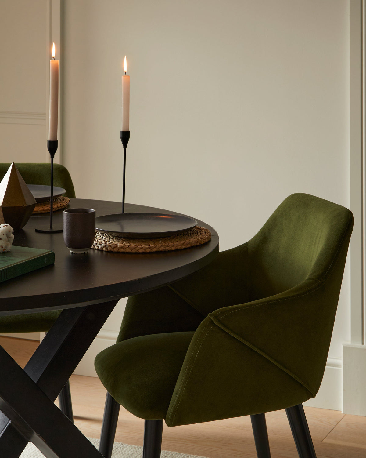 Levi Black Round Dining Table Set - 4 Seater - Freya Green Armchairs with Black Legs - Laura James