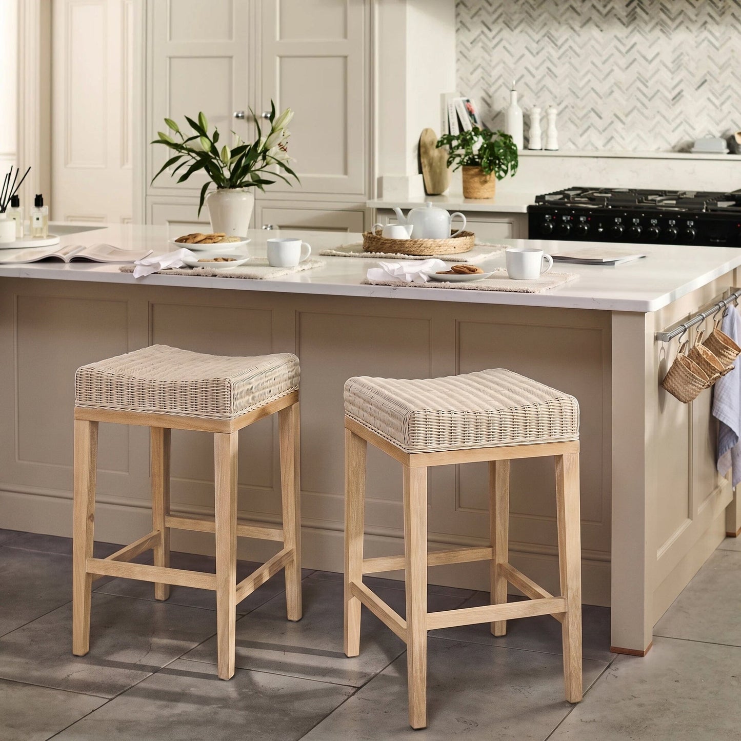 Reid Linen Grey Backless Bar Stools - Set of 2 - Whitewash Mindi Wood Legs - Laura James