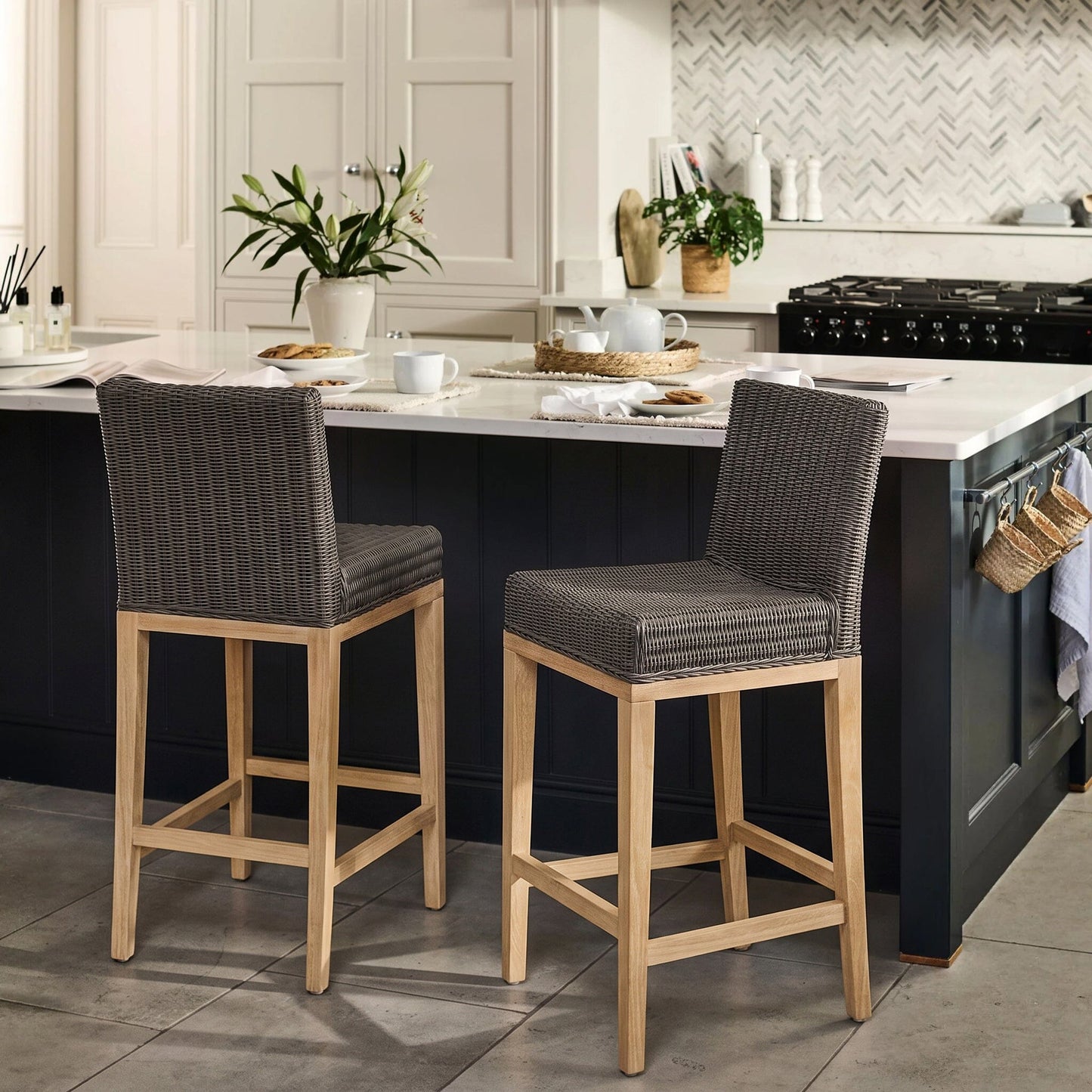 Reid Slate Grey Bar Stools - Set of 2 - Whitewash Mindi Wood Legs - Laura James