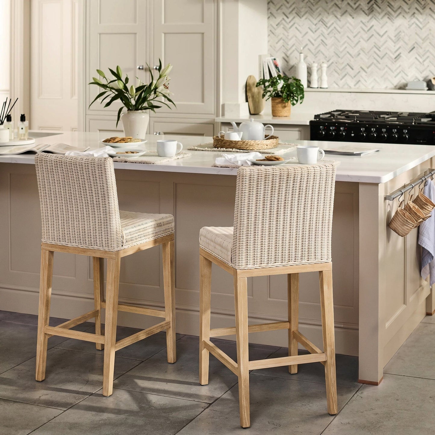 Reid Linen Grey Bar Stools - Set of 2 - Whitewash Mindi Wood Legs - Laura James