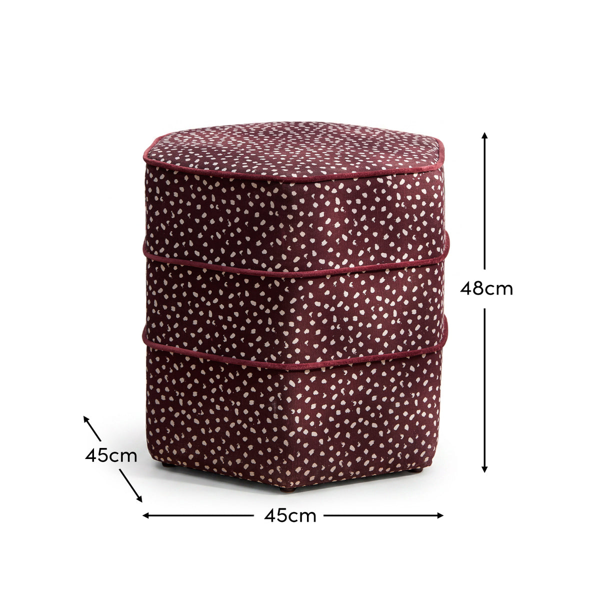 Margot 45cm Hexagon Footstool - Burgundy Spot with Burgundy Velvet Piping - Laura James