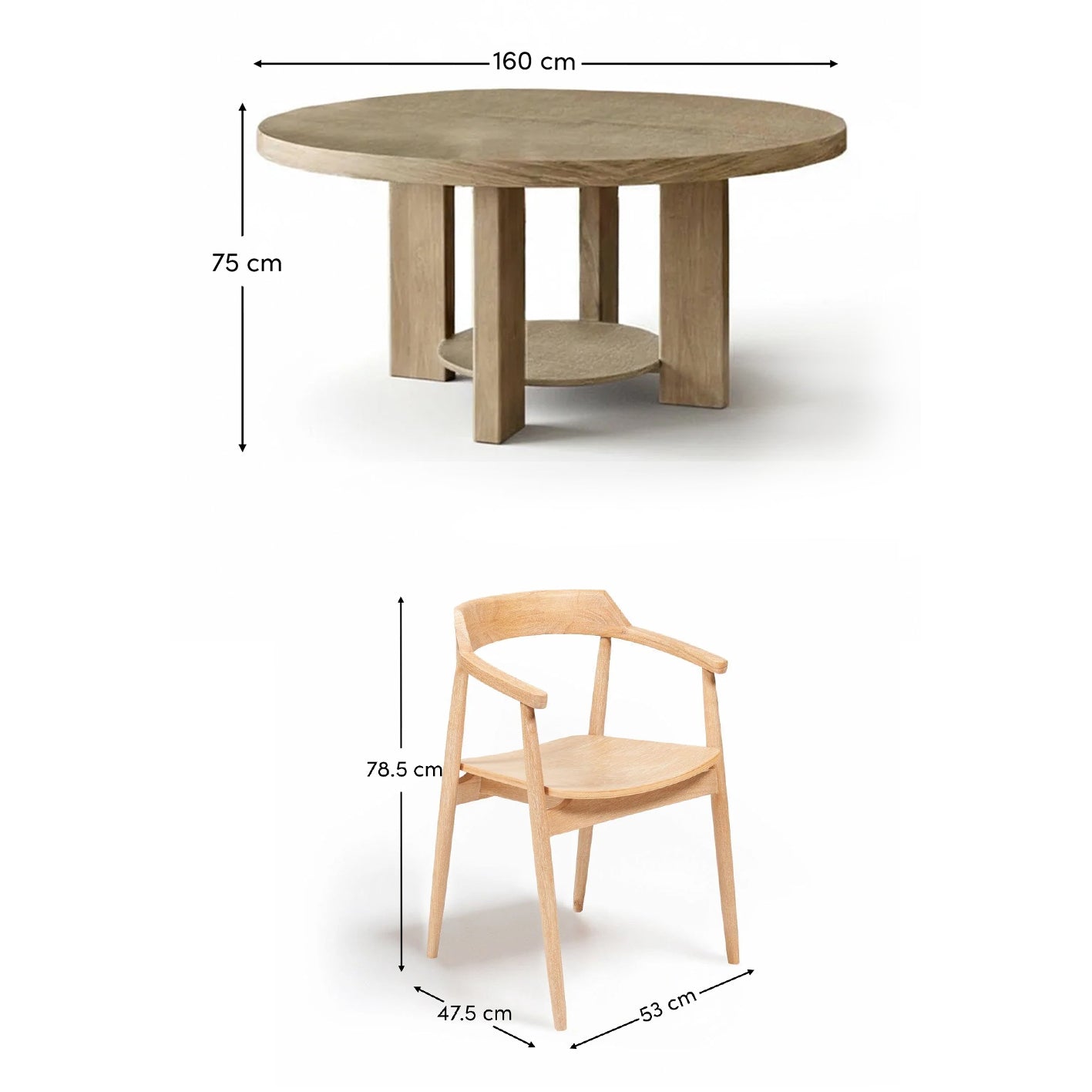 Marlon Whitewash Oak with Black Insert Round Dining Table Set - 6 Seater - Carter Whitewash Oak Dining Armchairs - Laura James