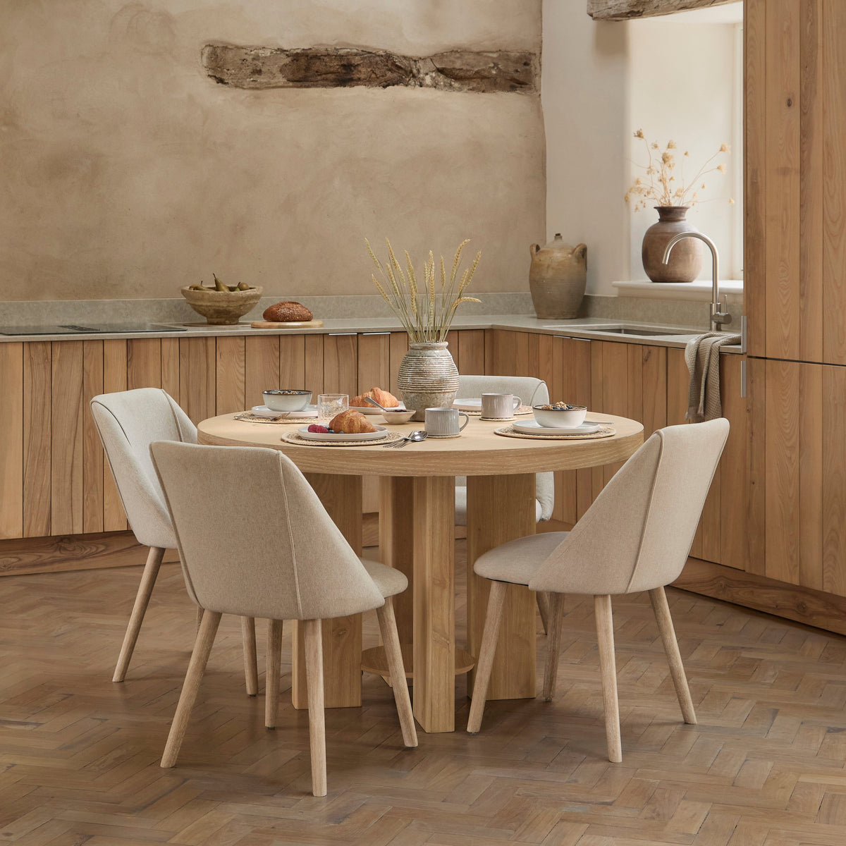 Marlon Whitewash Round Dining Table Set 4 Seater with Freya Sand Dining Chairs - Laura James
