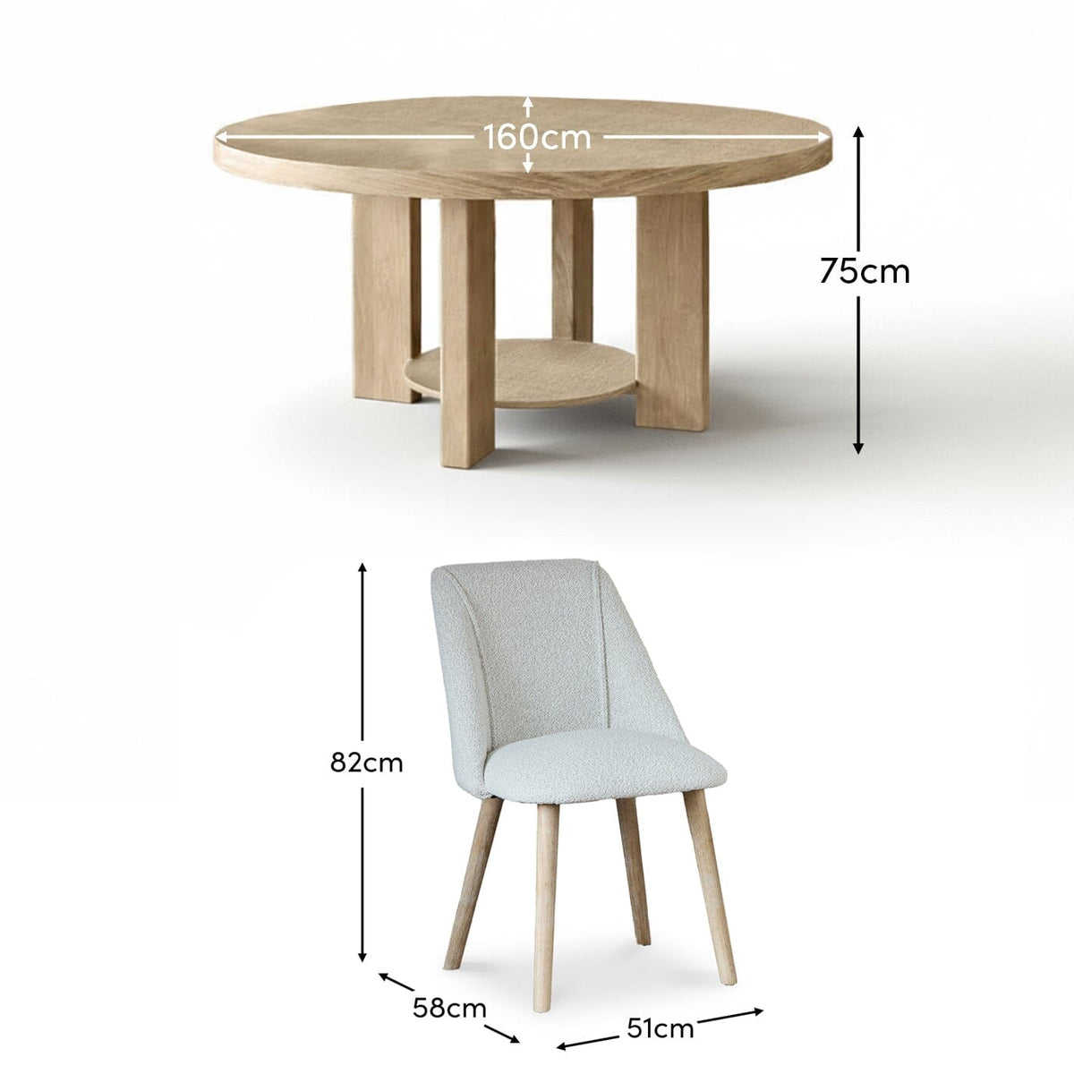 Marlon Whitewash Oak Round Dining Table Set - 6 Seater - Freya Oat Boucle Dining Chairs - Whitewash Oak Legs - Laura James