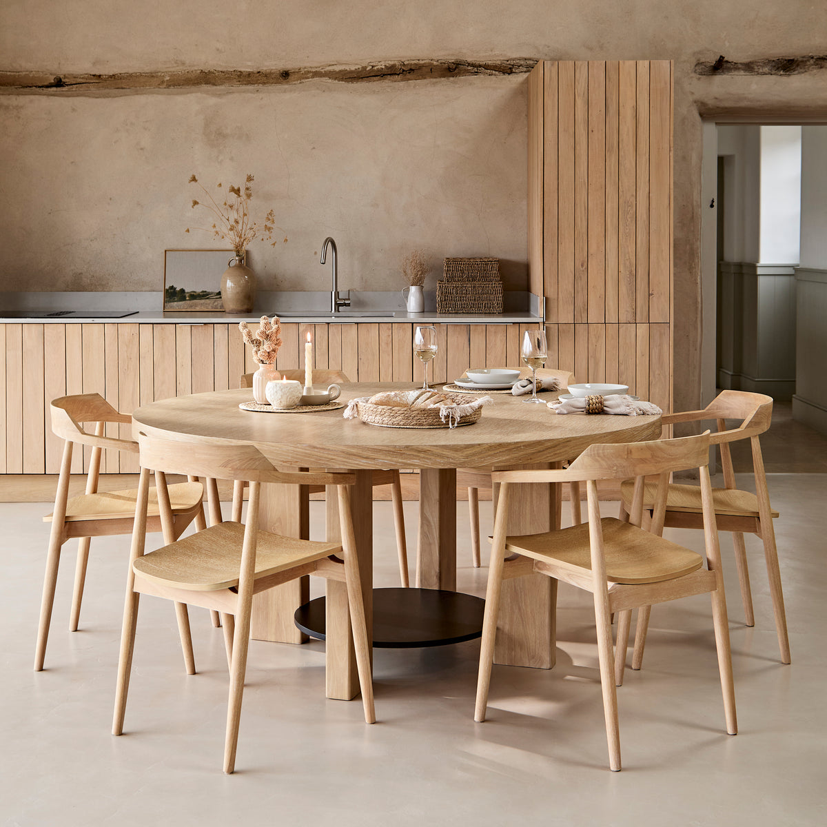 Marlon Whitewash Oak with Black Insert Round Dining Table Set - 6 Seater - Carter Whitewash Oak Dining Armchairs - Laura James