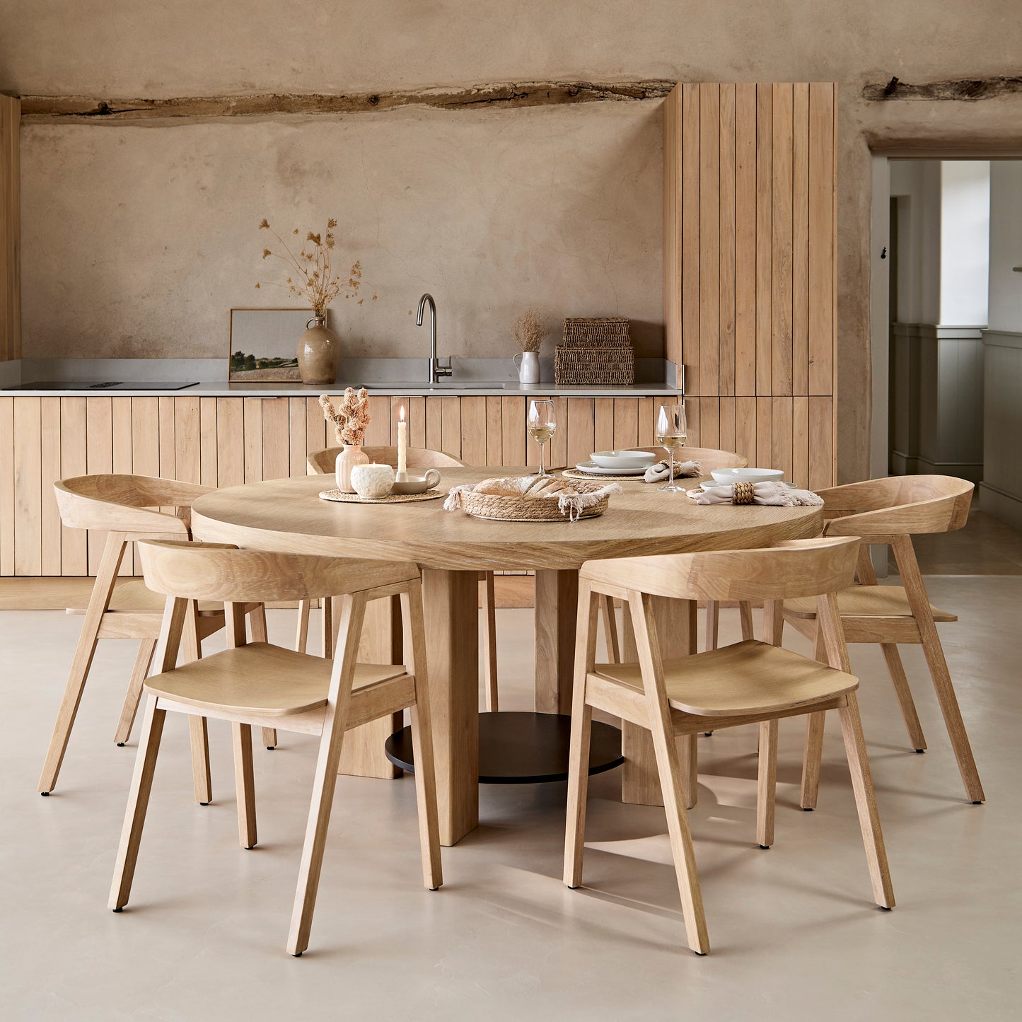 Marlon Whitewash Oak with Black Insert Round Dining Table Set - 6 Seater - Ella Whitewash Oak Dining Chairs - Laura James