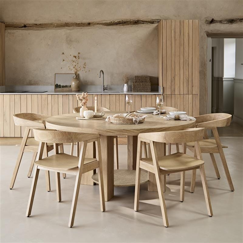Marlon Whitewash Oak Round Dining Table Set - 6 Seater - Ella Whitewash Oak Dining Armchairs - Laura James