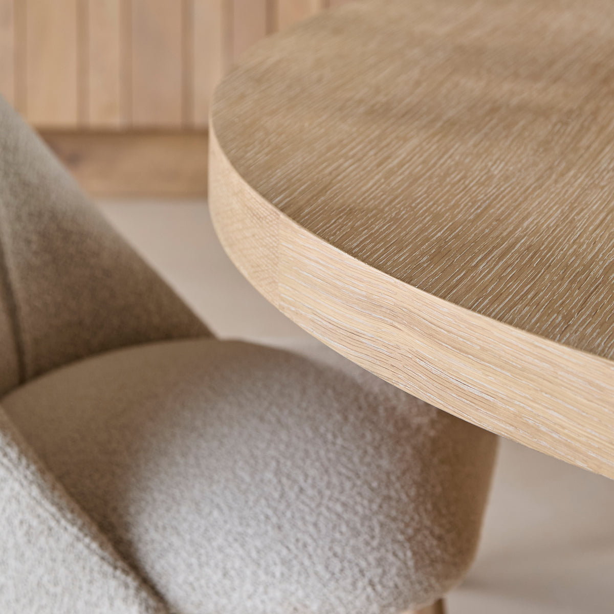 Marlon Whitewash Oak with Black Insert Round Dining Table Set - 6 Seater - Freya Oat Boucle Dining Chairs - Laura James