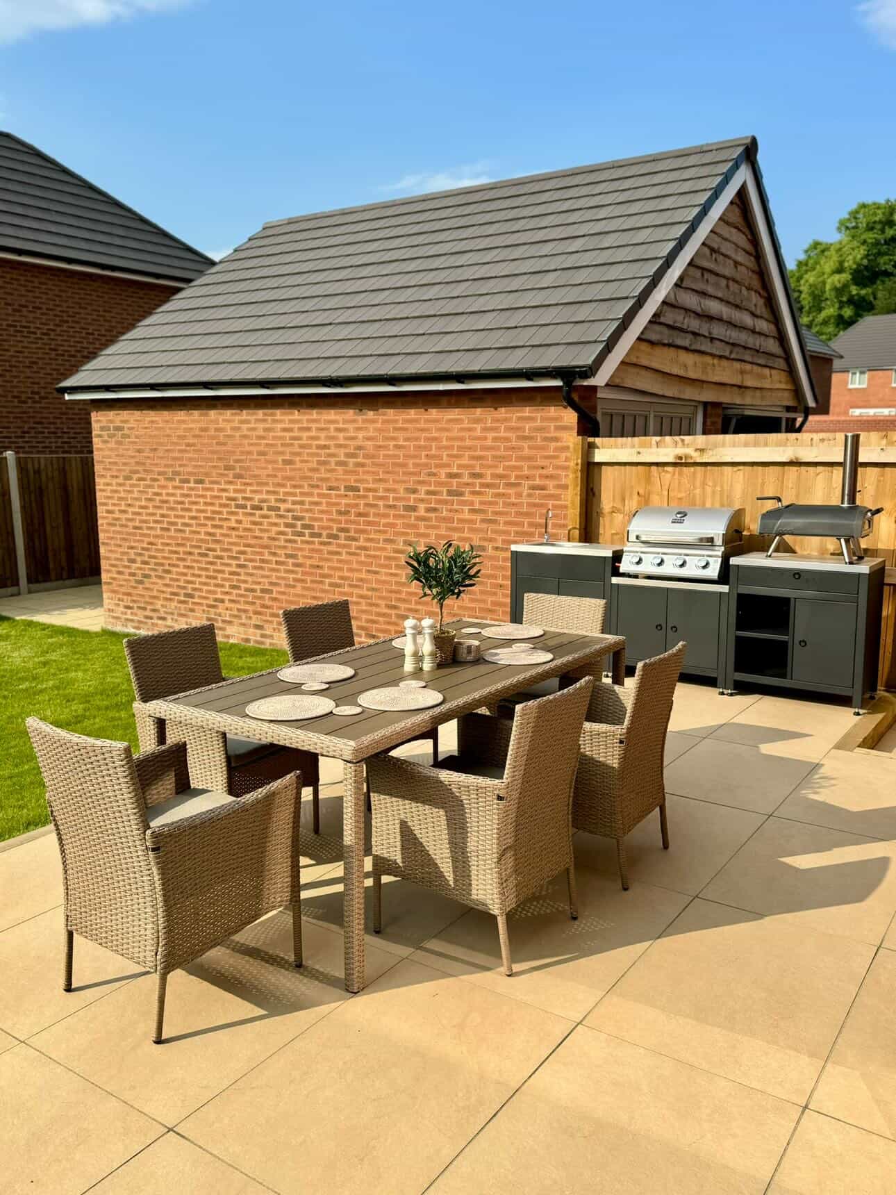 Marston 6 Seater Rattan Garden Dining Set - Natural Brown - Polywood Top