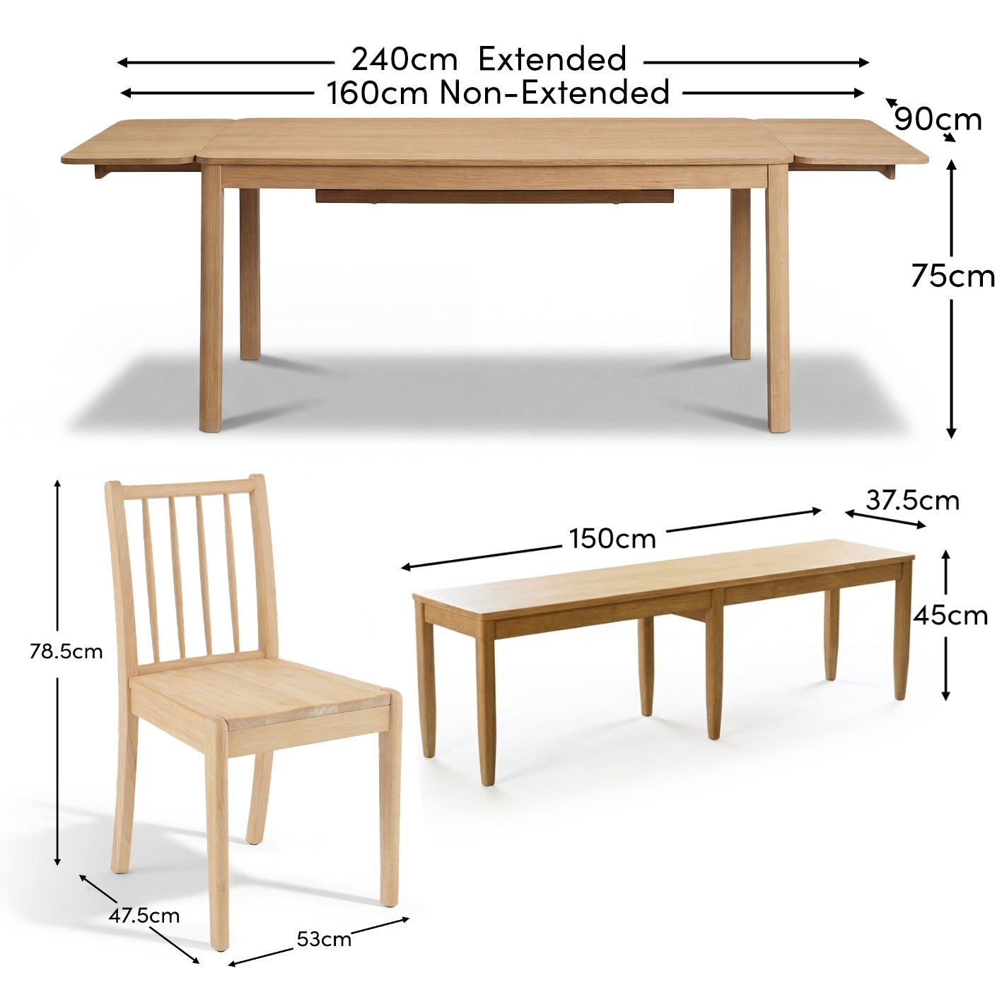 Noah_160cm-240cm_Rectangular_Extending_Dining_Table_6_seater_Whitewash_Oak-1-dims_together_1 - Laura James