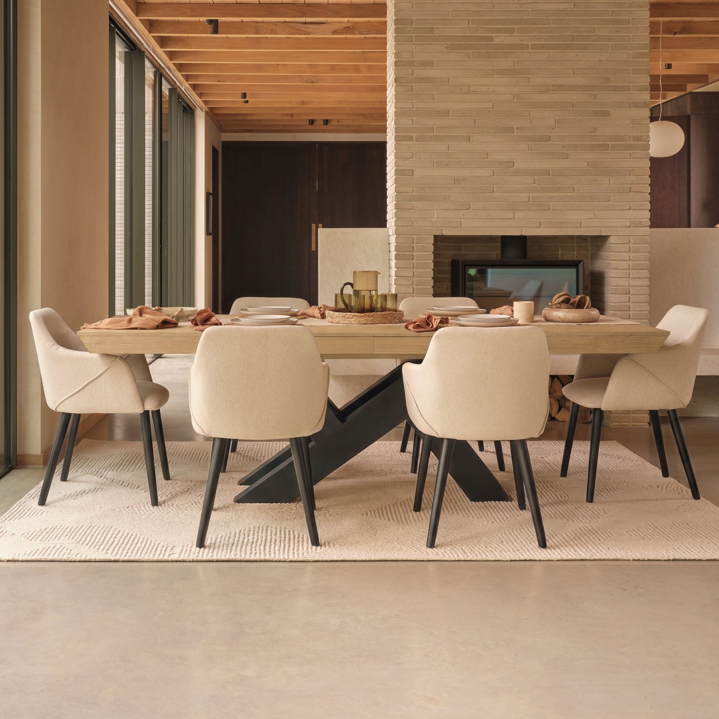 Olivia 160-240cm Whitewash Dining Table Set - 6 Seater - Freya Sand Dining Armchairs - Black Oak Legs- Laura James