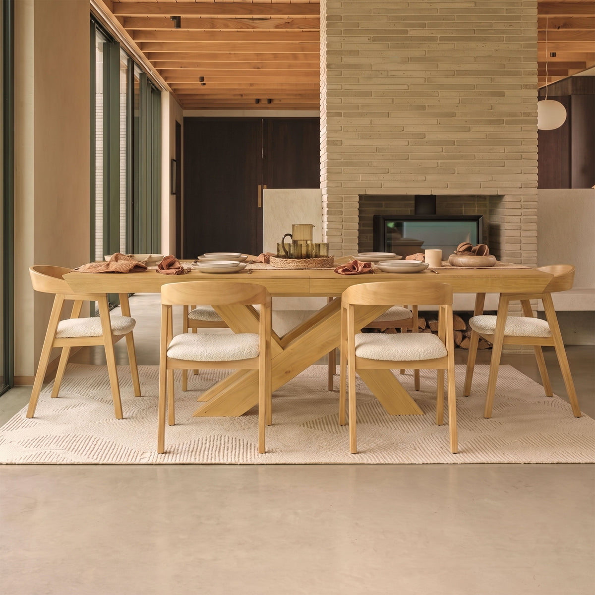 Olivia 160-240cm Pale Oak Dining Table Set - 6 Seater - Ella Off White Boucle Dining Chairs - Pale Oak Legs