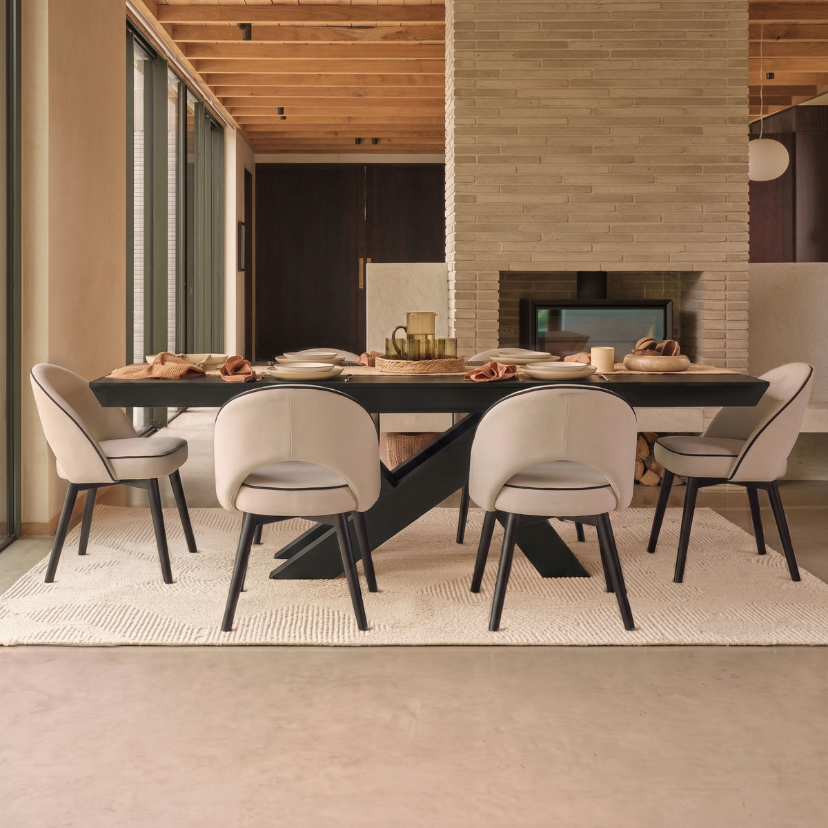 Olivia 160-240cm Black Oak Dining Table Set - 6 Seater - Marilyn Ivory with Jet Black Piping Dining Chairs - Black Oak Legs - Laura James
