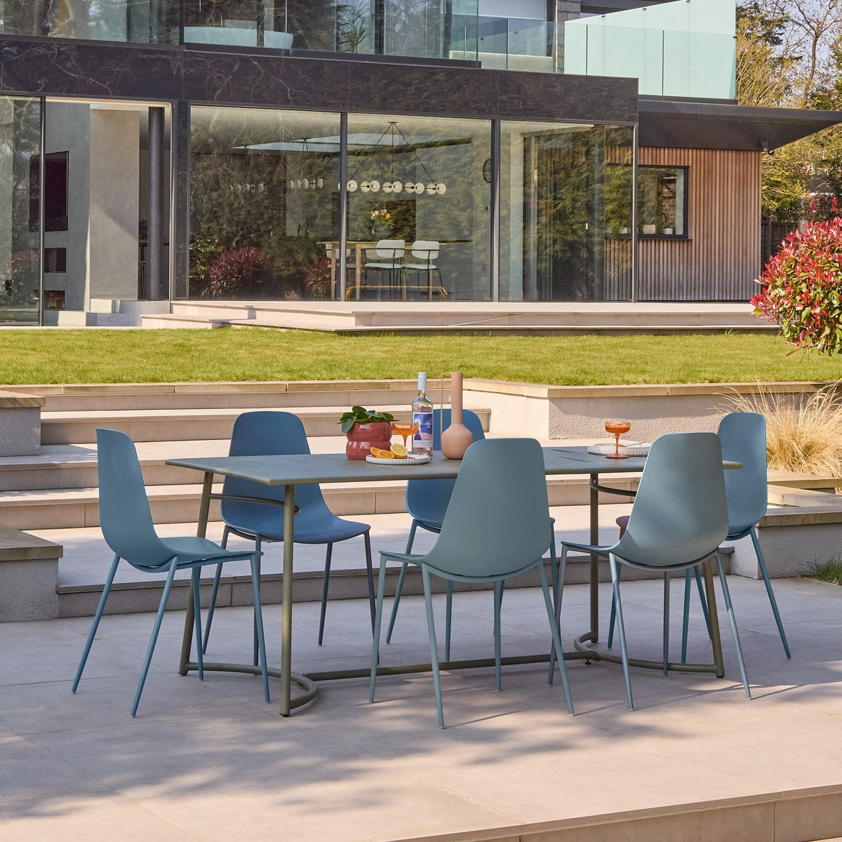 Wilder 6 Seater Metal Garden Dining Set with Wren Blue Chairs - Laura James